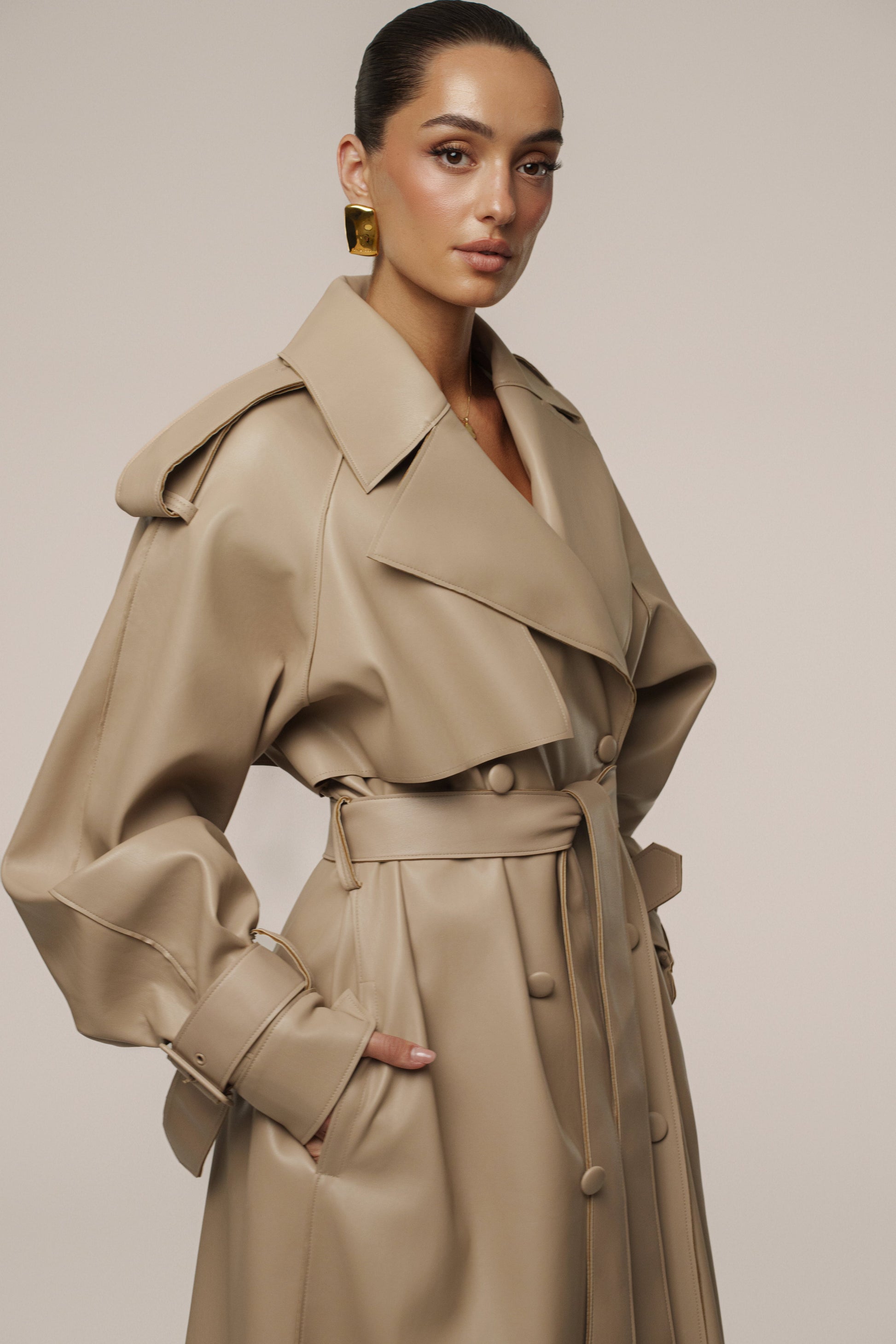 Tan The Icon PU Leather Coat JLUXLABEL