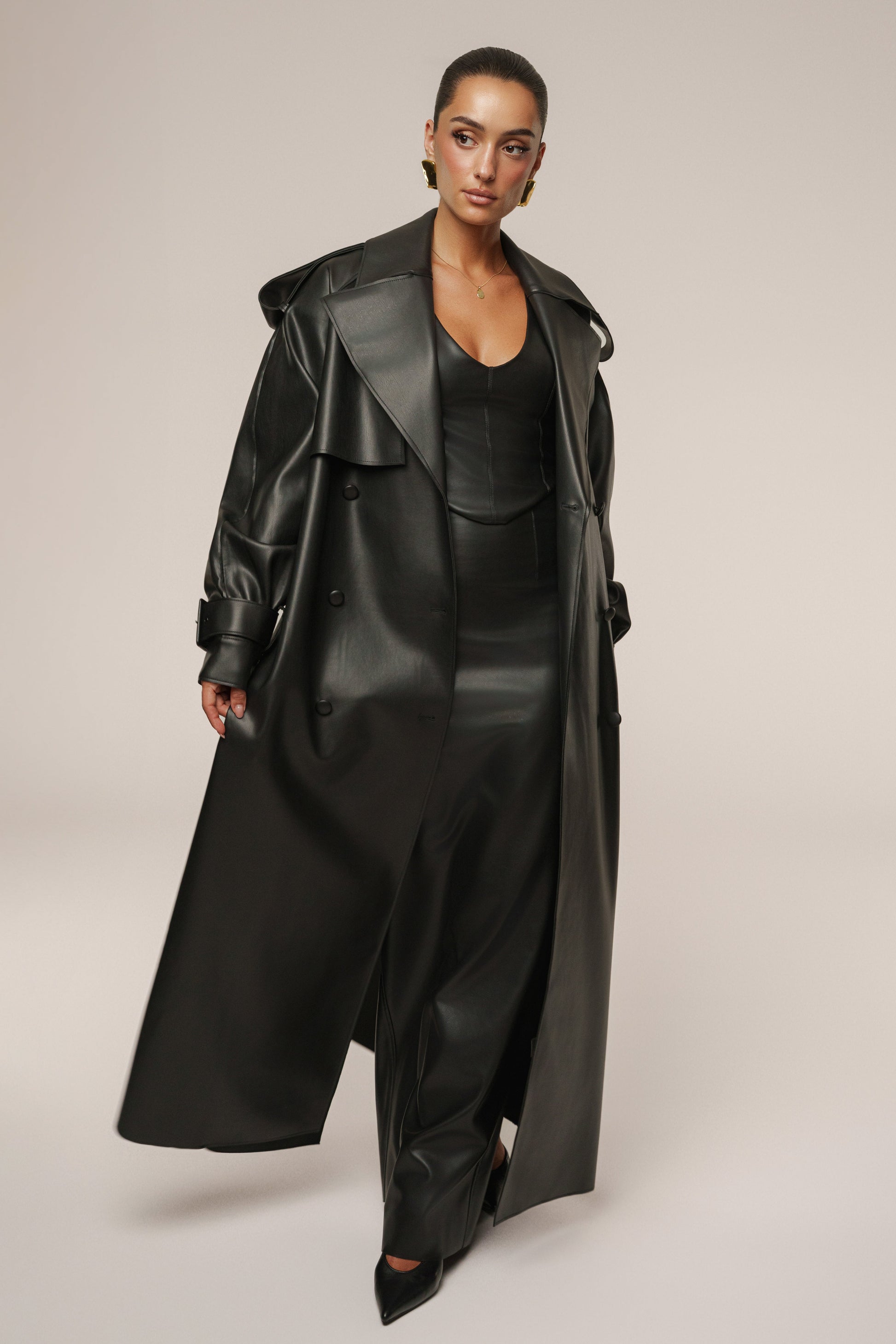Black The Icon PU Leather Coat JLUXLABEL