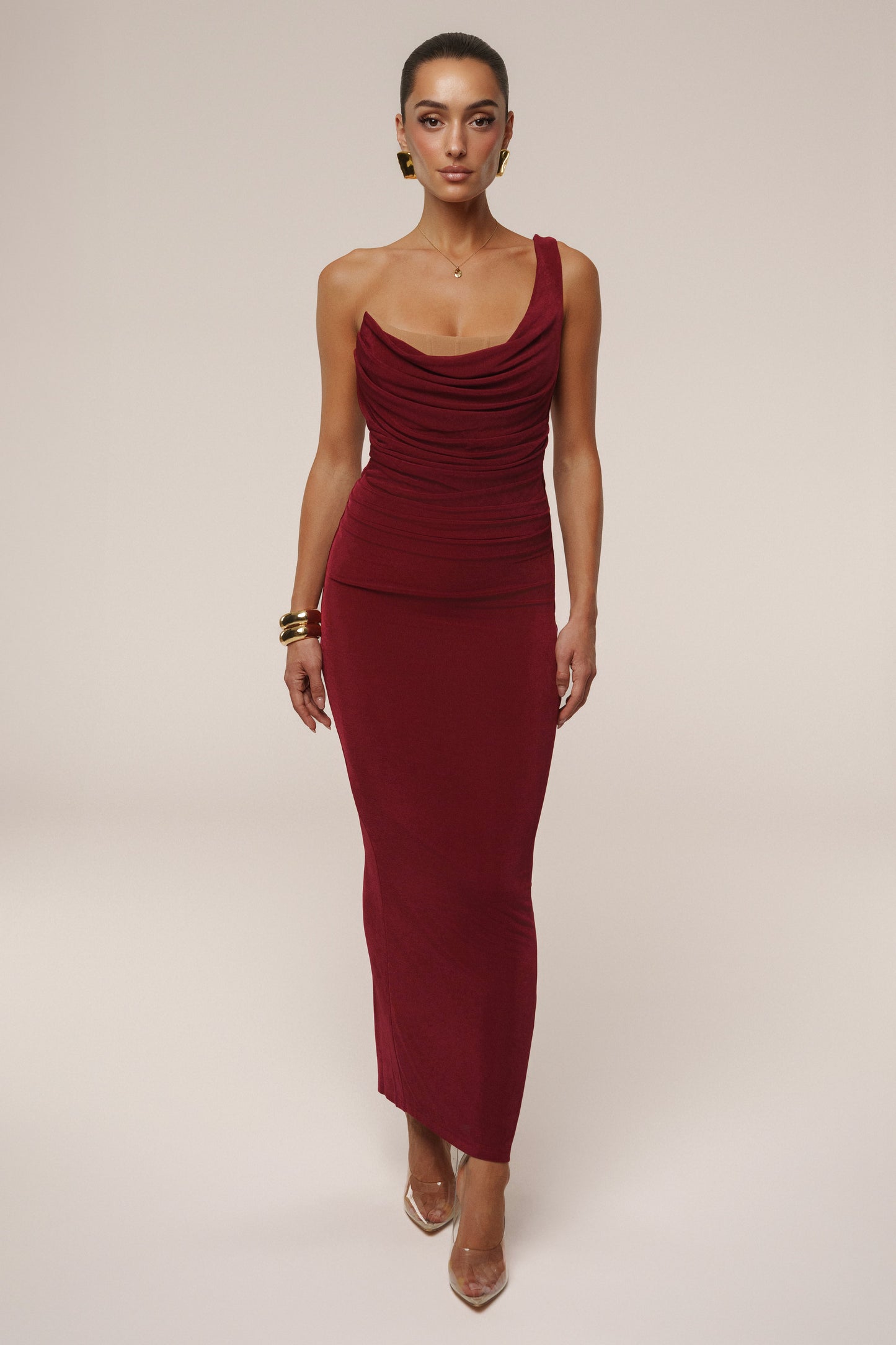 Burgundy Slinky Krishna One Shoulder Maxi Dress NEWFASHIONEDGE