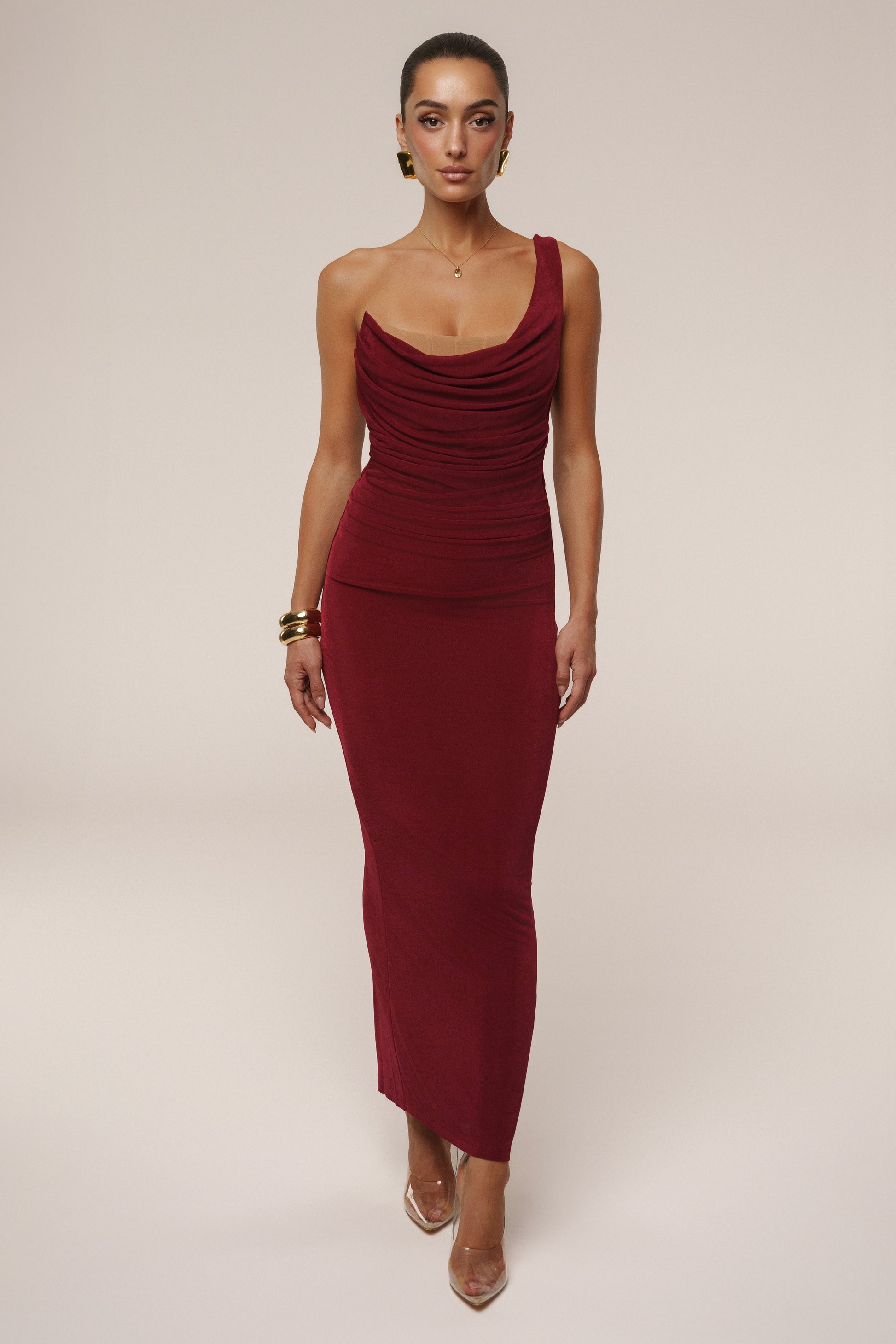 Burgundy Slinky Krishna One Shoulder Maxi Dress NEWFASHIONEDGE