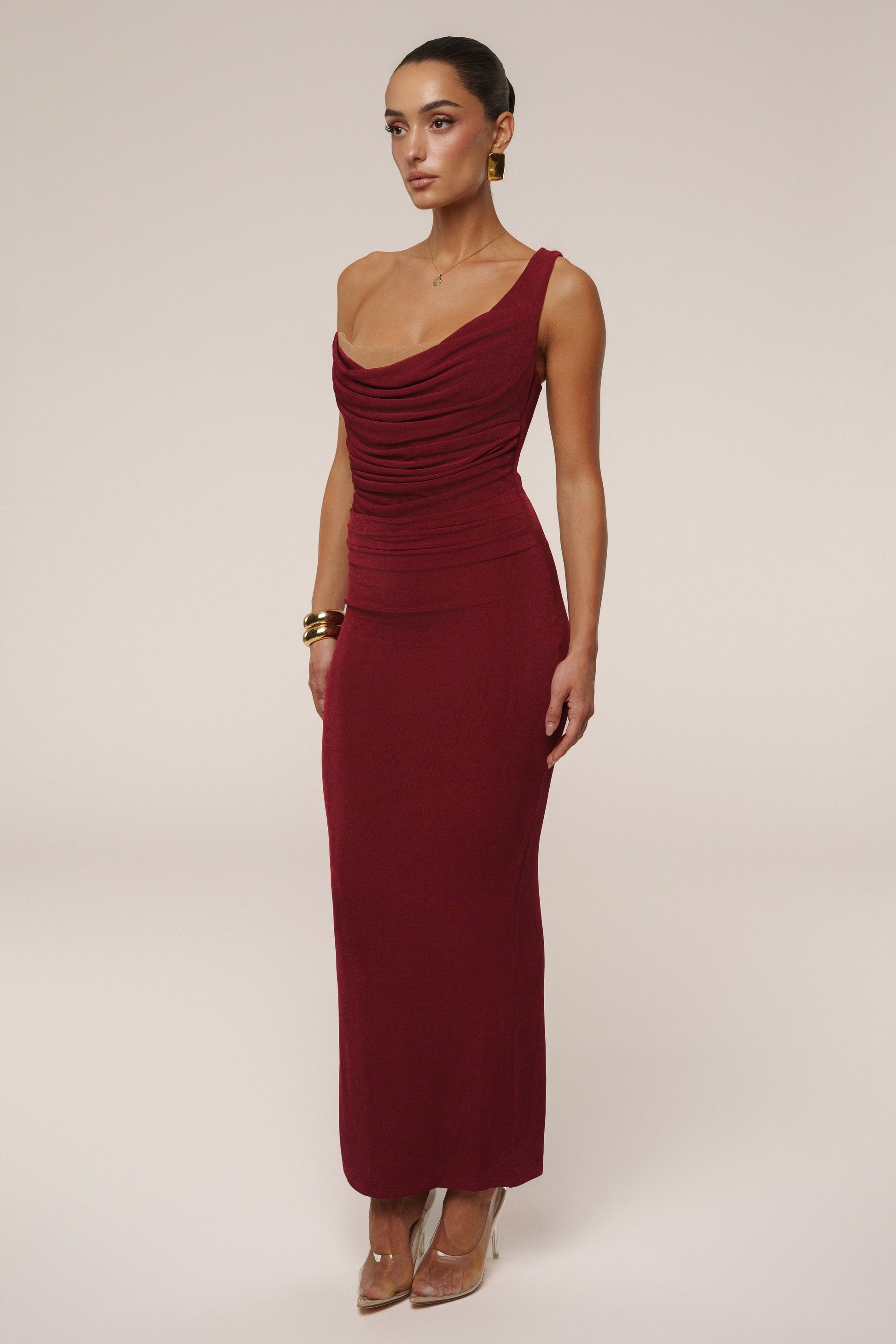 Burgundy Slinky Krishna One Shoulder Maxi Dress NEWFASHIONEDGE