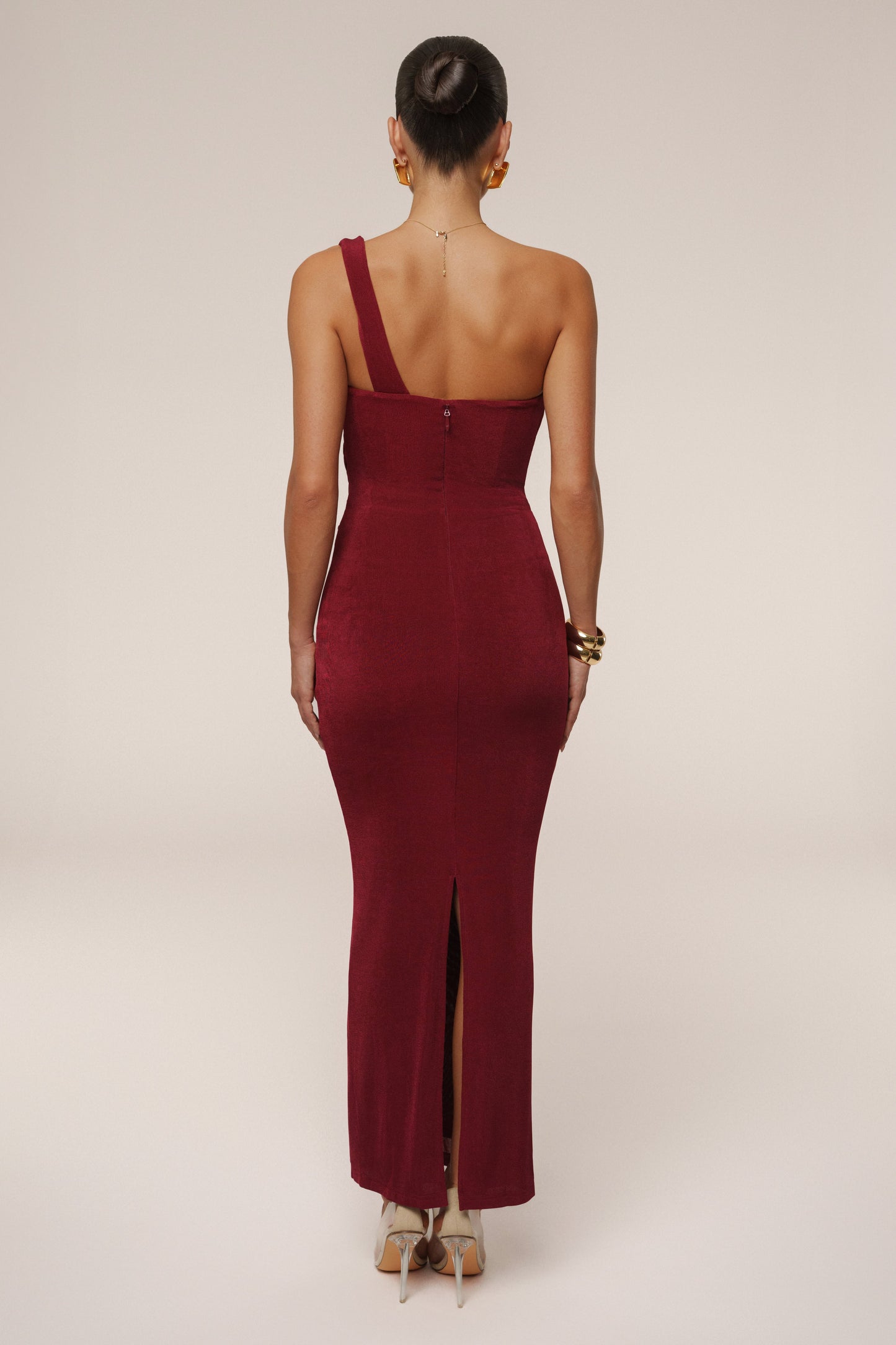 Burgundy Slinky Krishna One Shoulder Maxi Dress NEWFASHIONEDGE