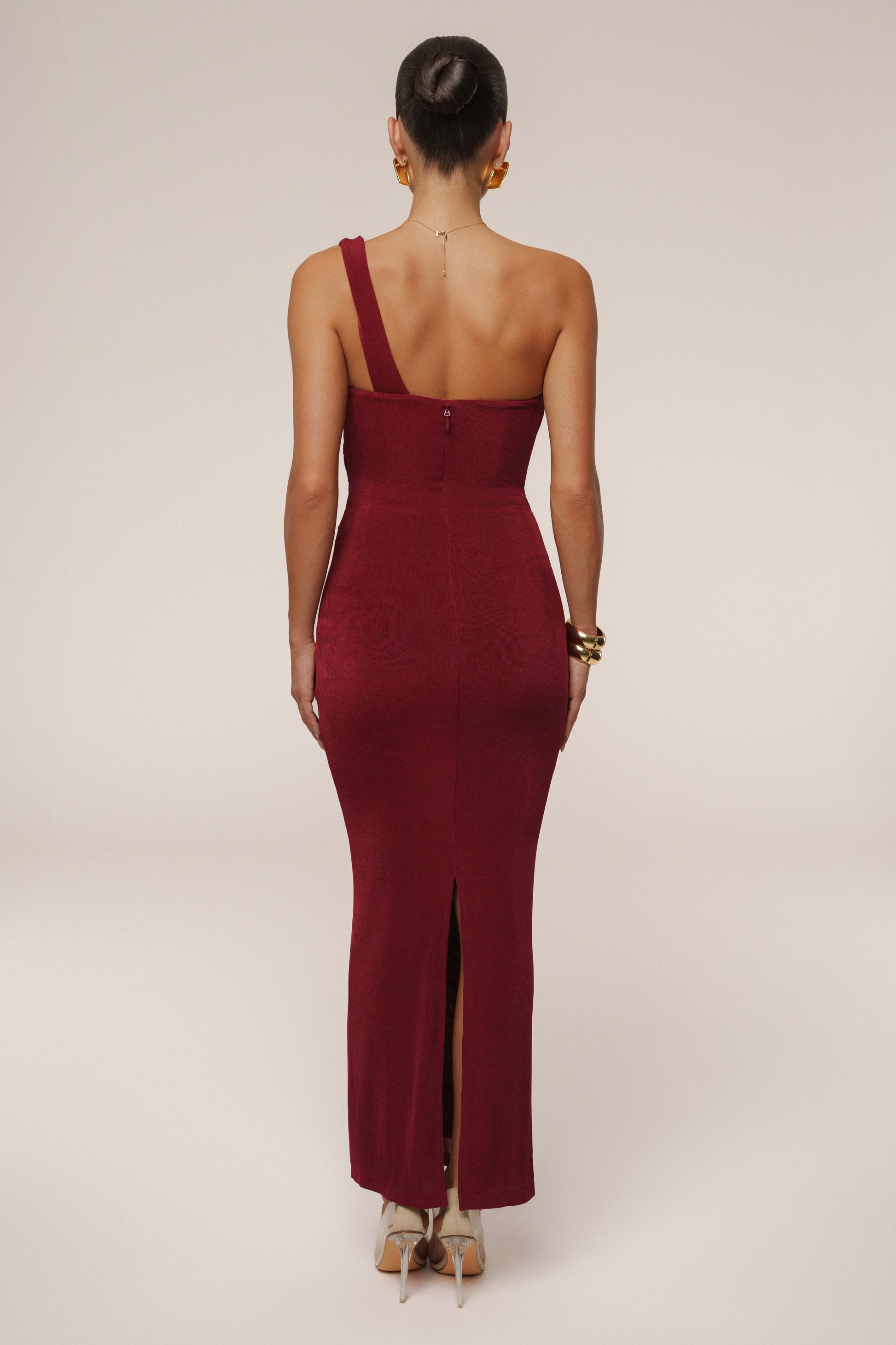 Burgundy Slinky Krishna One Shoulder Maxi Dress NEWFASHIONEDGE