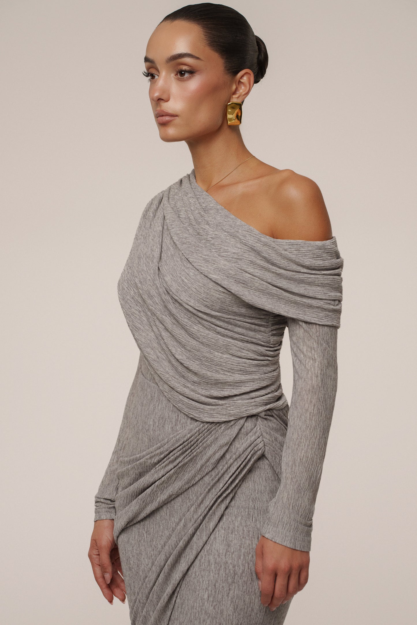 Grey Textured One Shoulder Bodysuit JLUXLABEL