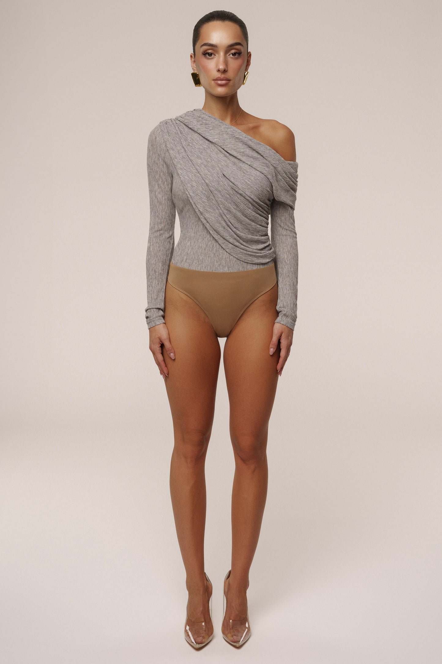 Grey Textured One Shoulder Bodysuit JLUXLABEL