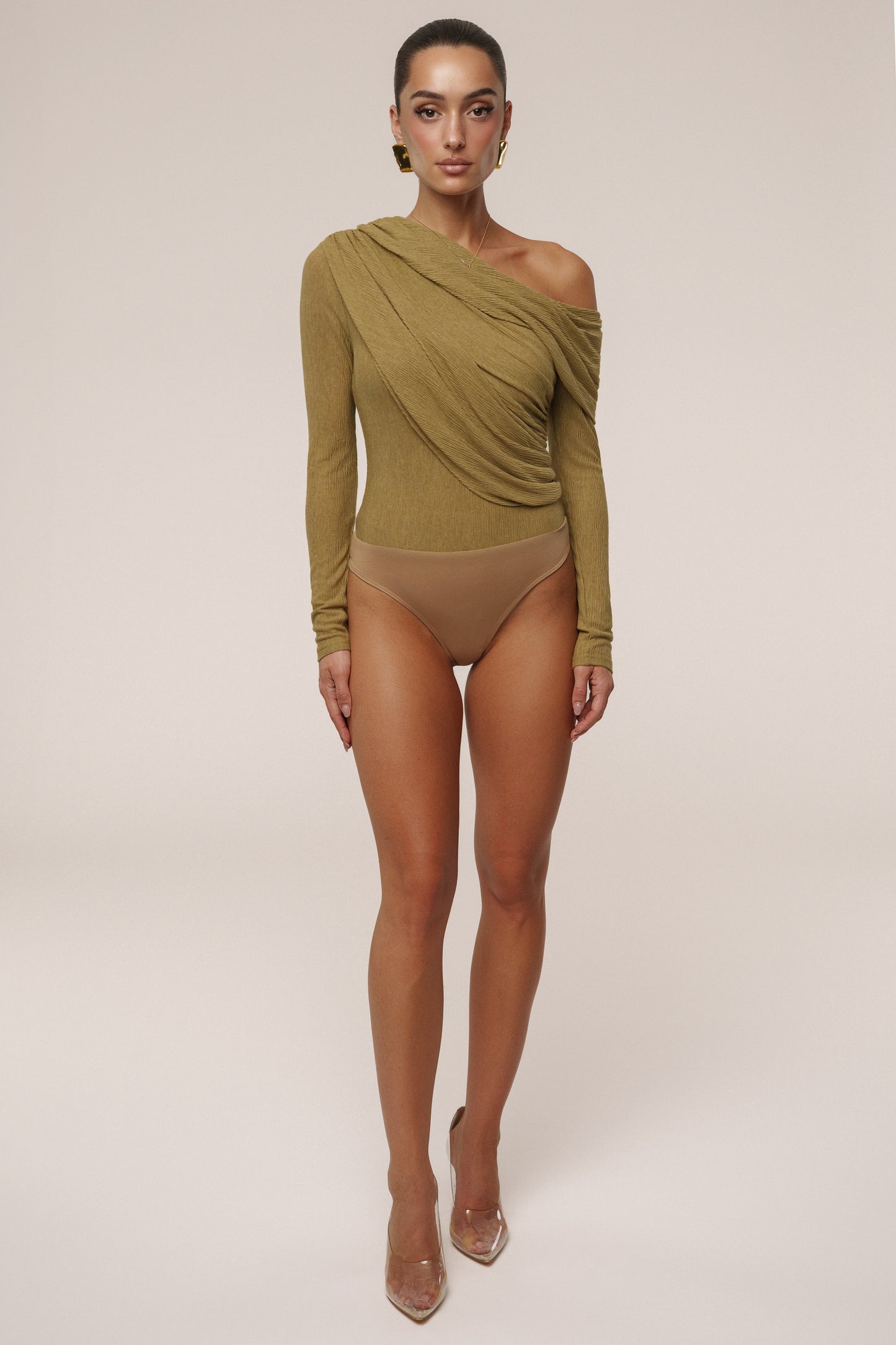 Moss Textured One Shoulder Bodysuit JLUXLABEL