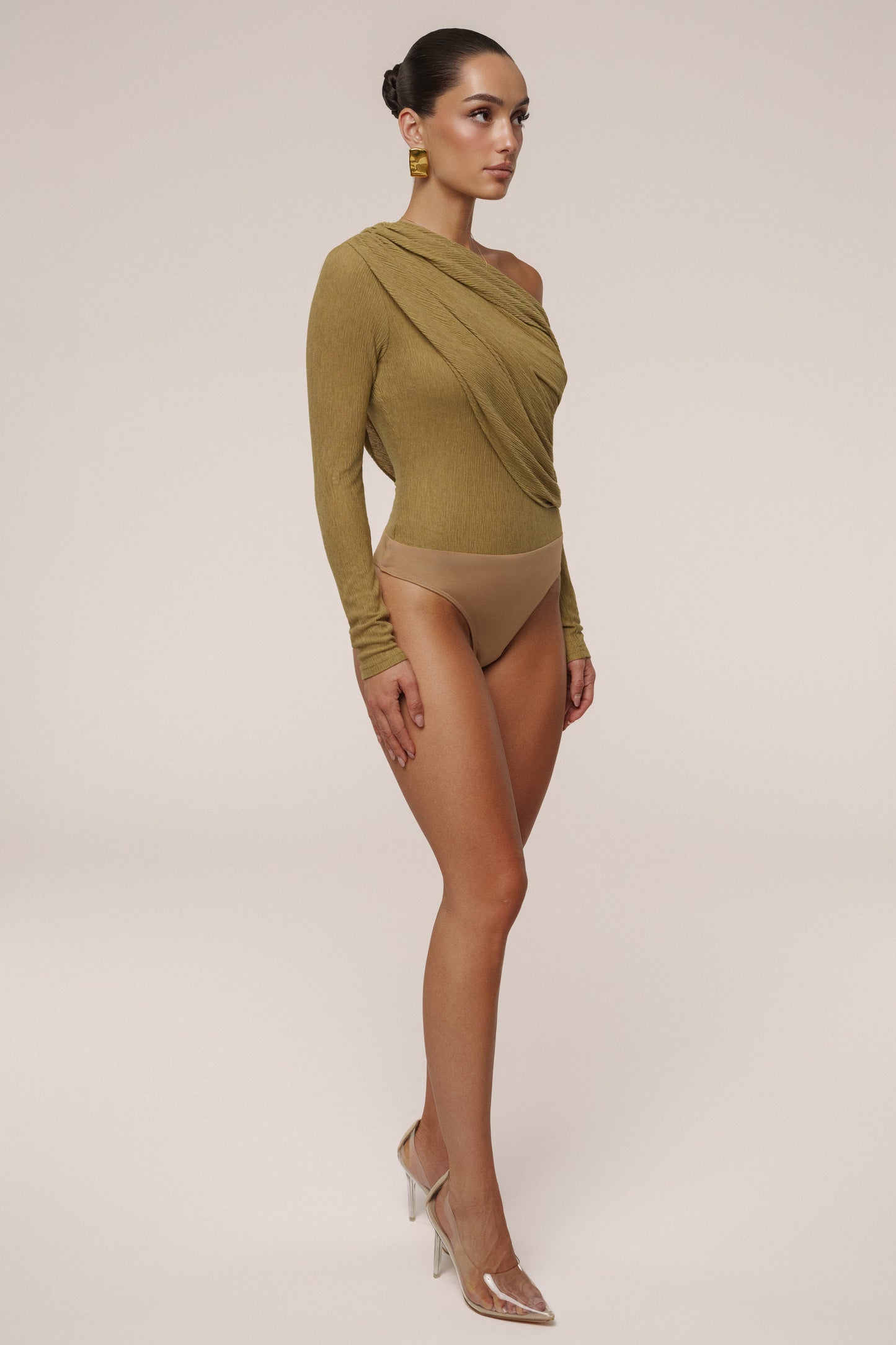 Moss Textured One Shoulder Bodysuit JLUXLABEL