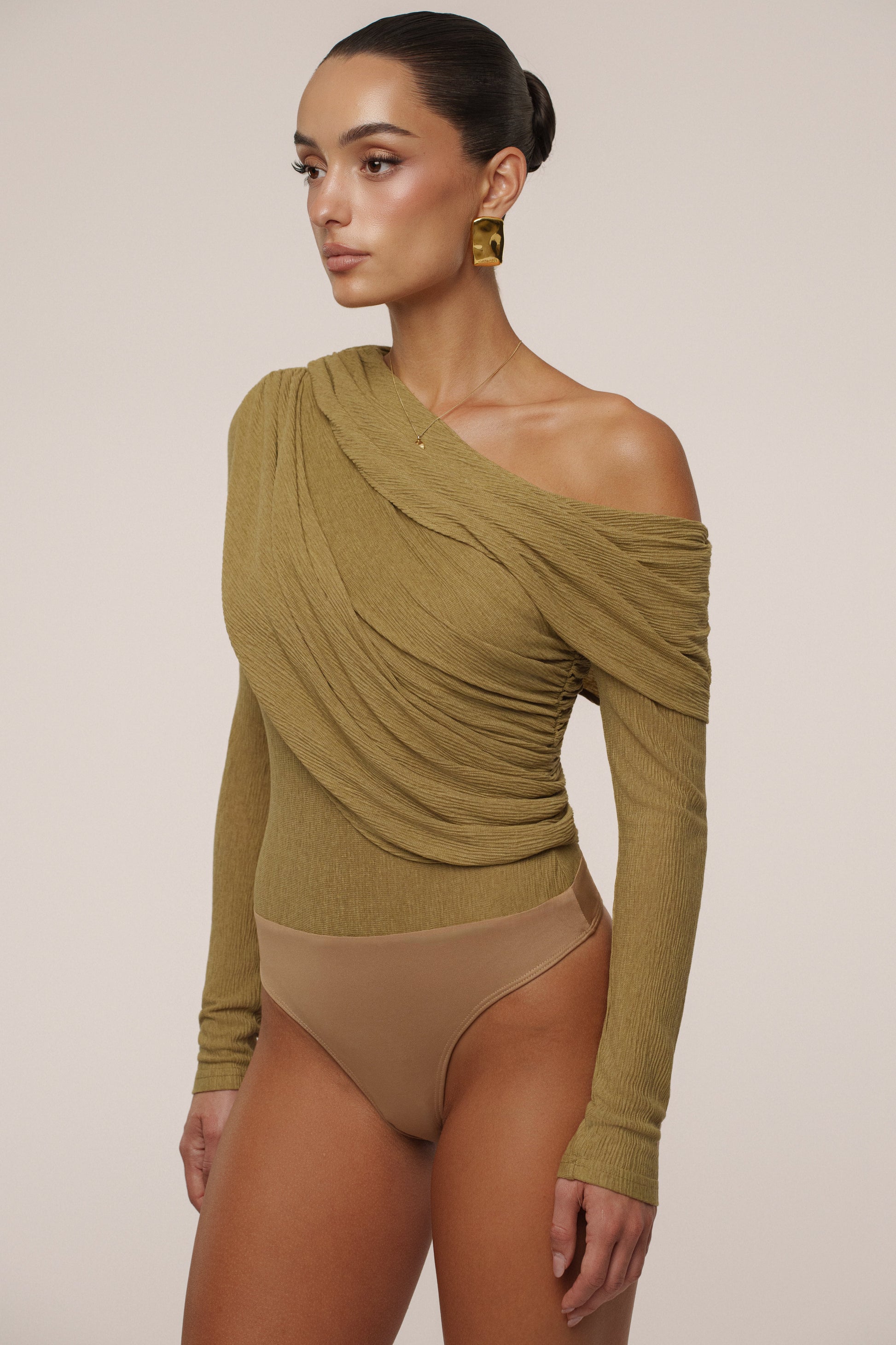Moss Textured One Shoulder Bodysuit JLUXLABEL