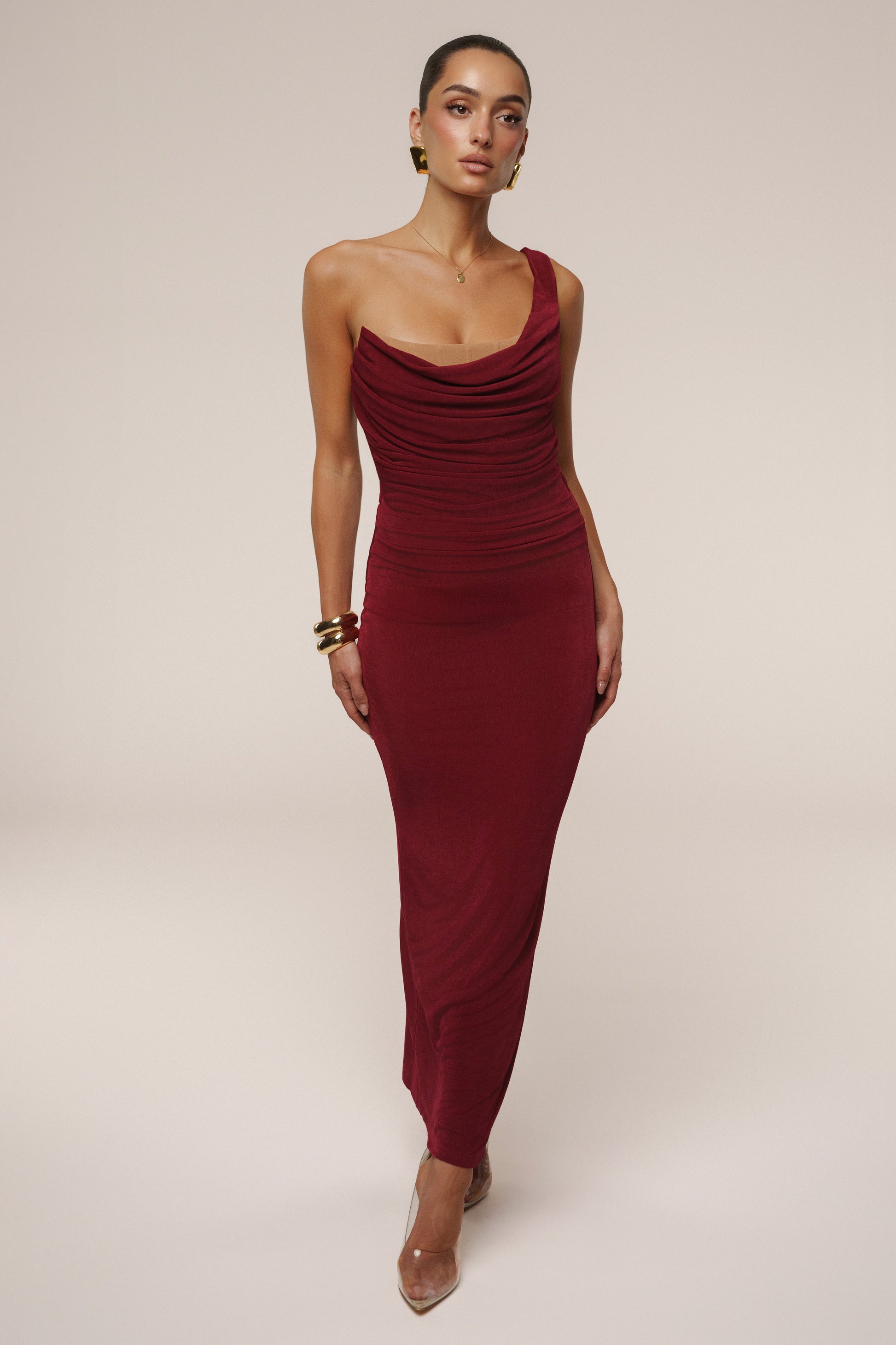 Burgundy Slinky Krishna One Shoulder Maxi Dress NEWFASHIONEDGE