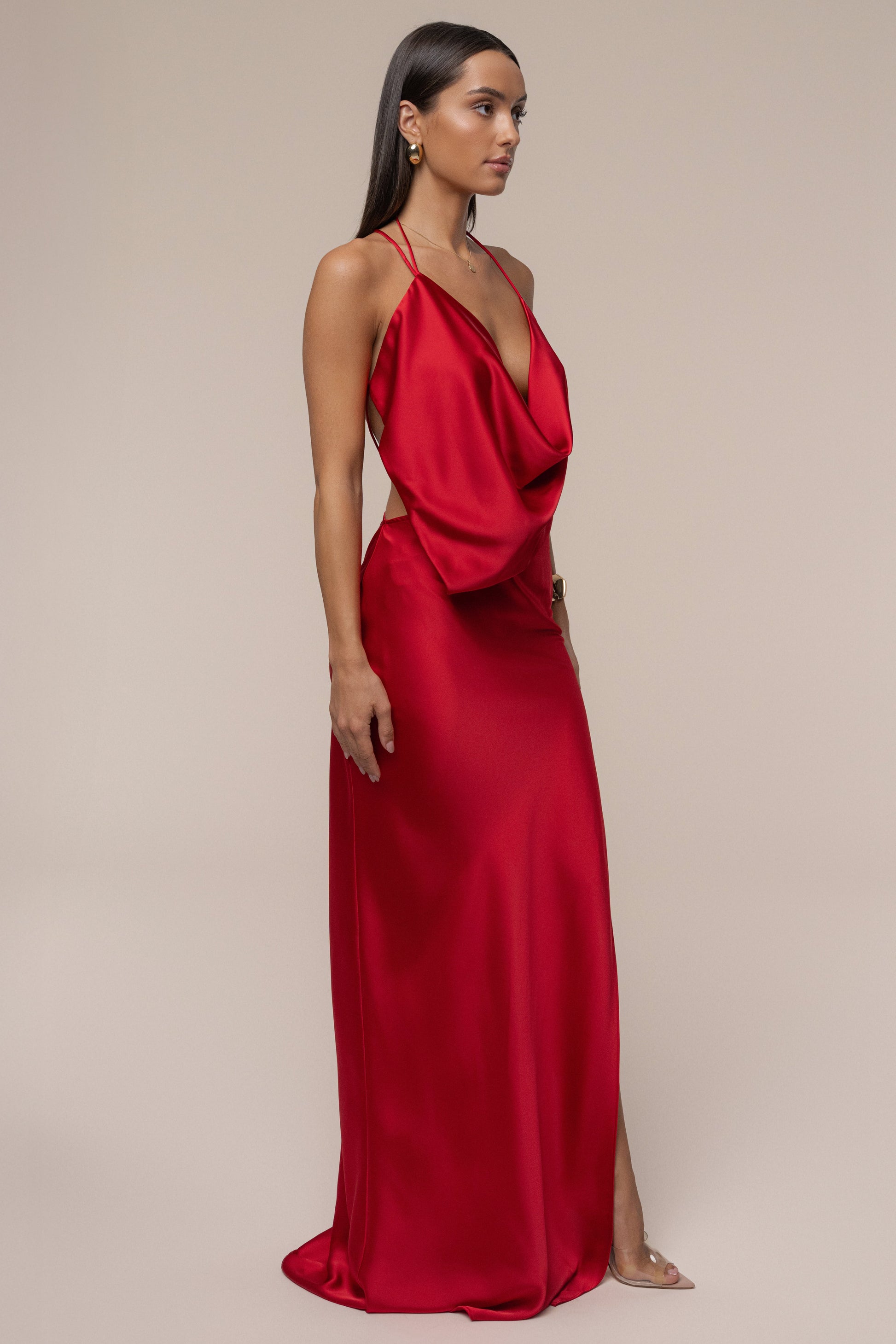 Red Delmara Cowl Maxi Dress JLUXLABEL