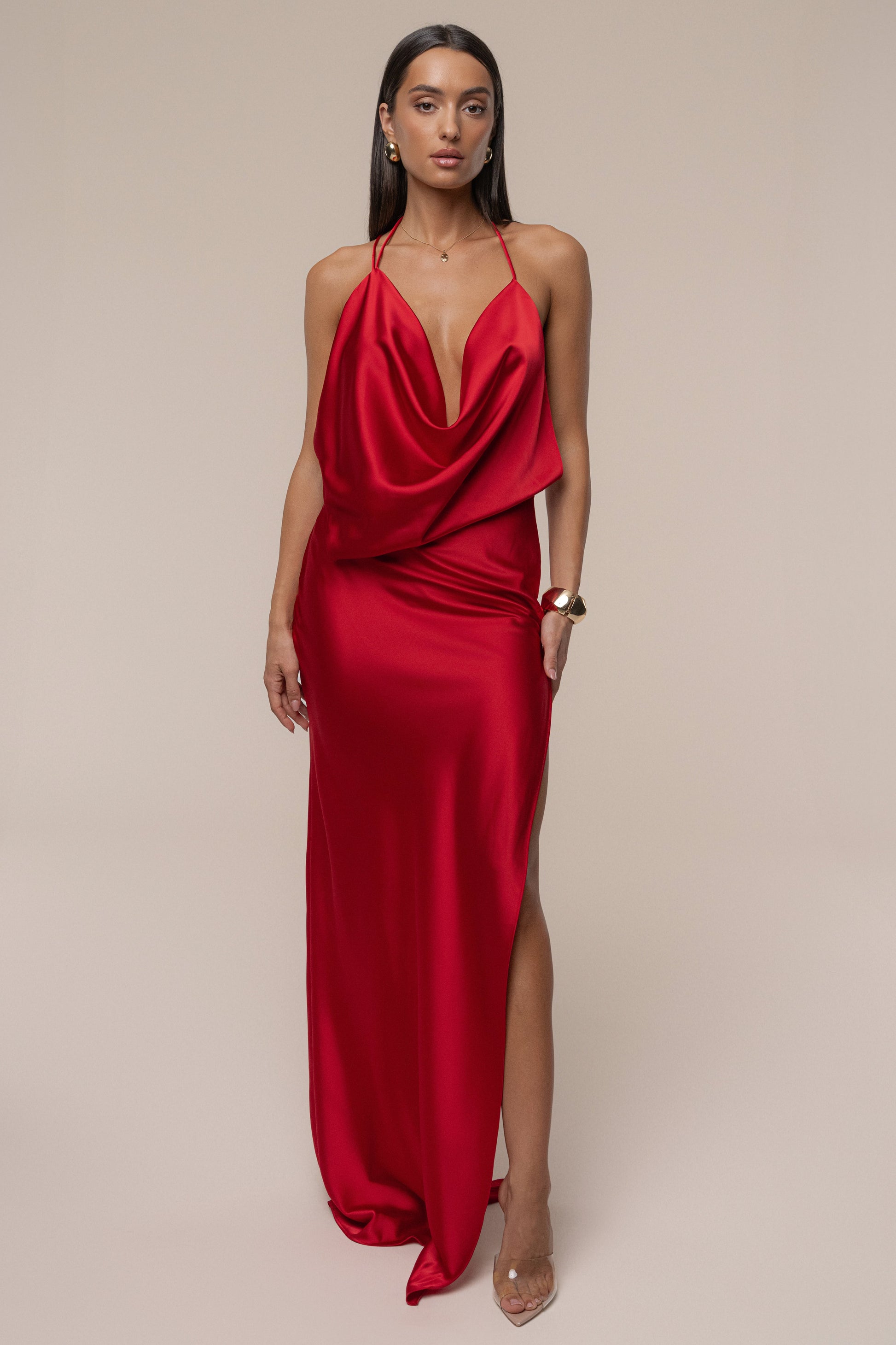 Red Delmara Cowl Maxi Dress JLUXLABEL