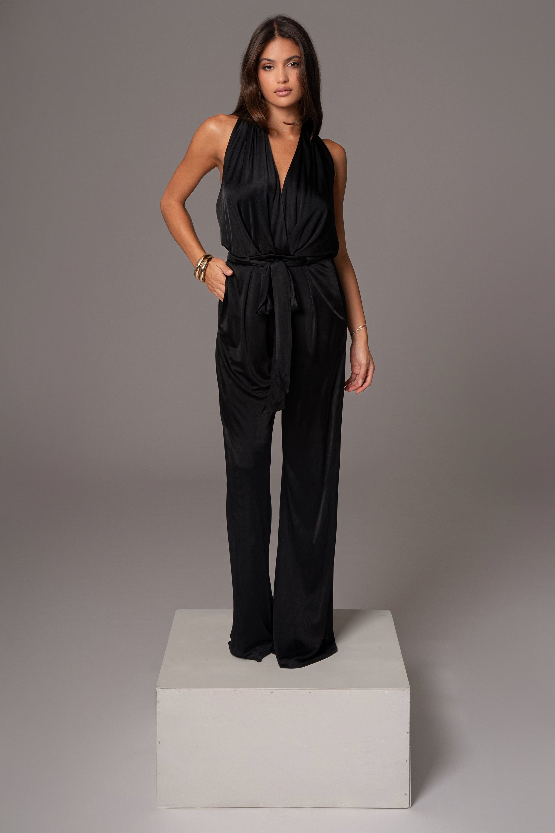 Black Slinky Halter Belted Jumpsuit JLUXLABEL