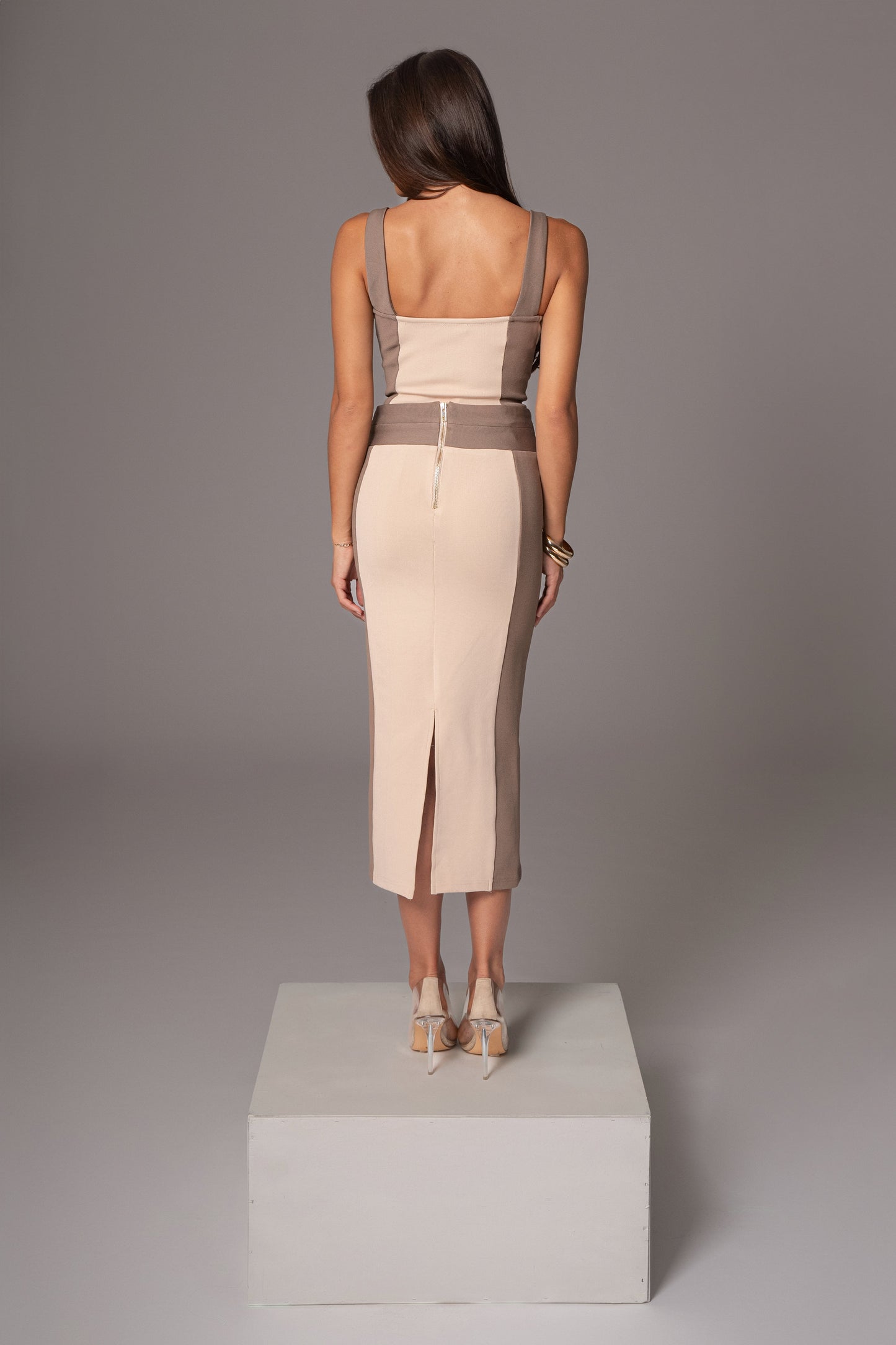 Taupe/Tan Celebration Colorblock Midi Skirt JLUXLABEL