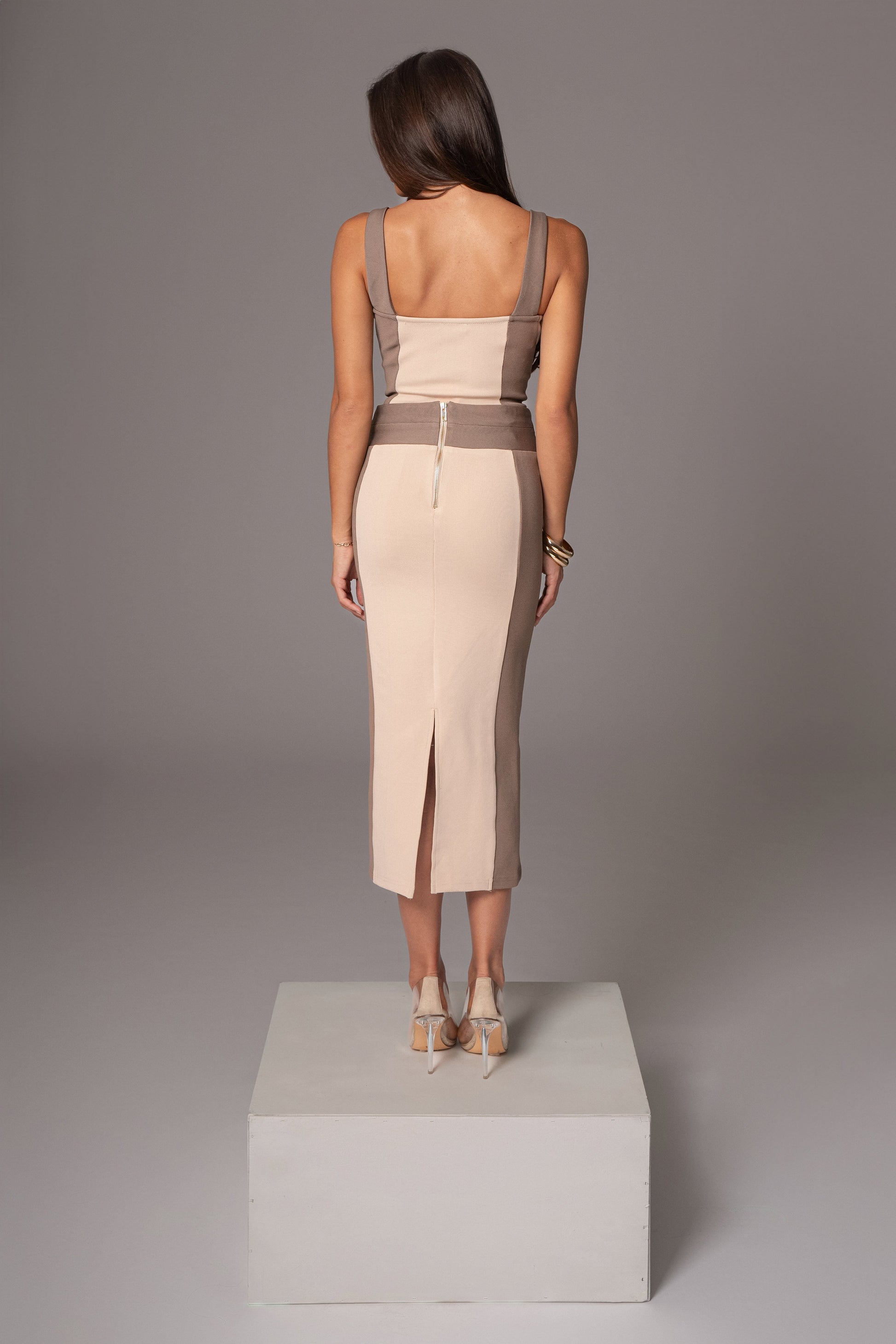 Taupe/Tan Celebration Colorblock Midi Skirt JLUXLABEL