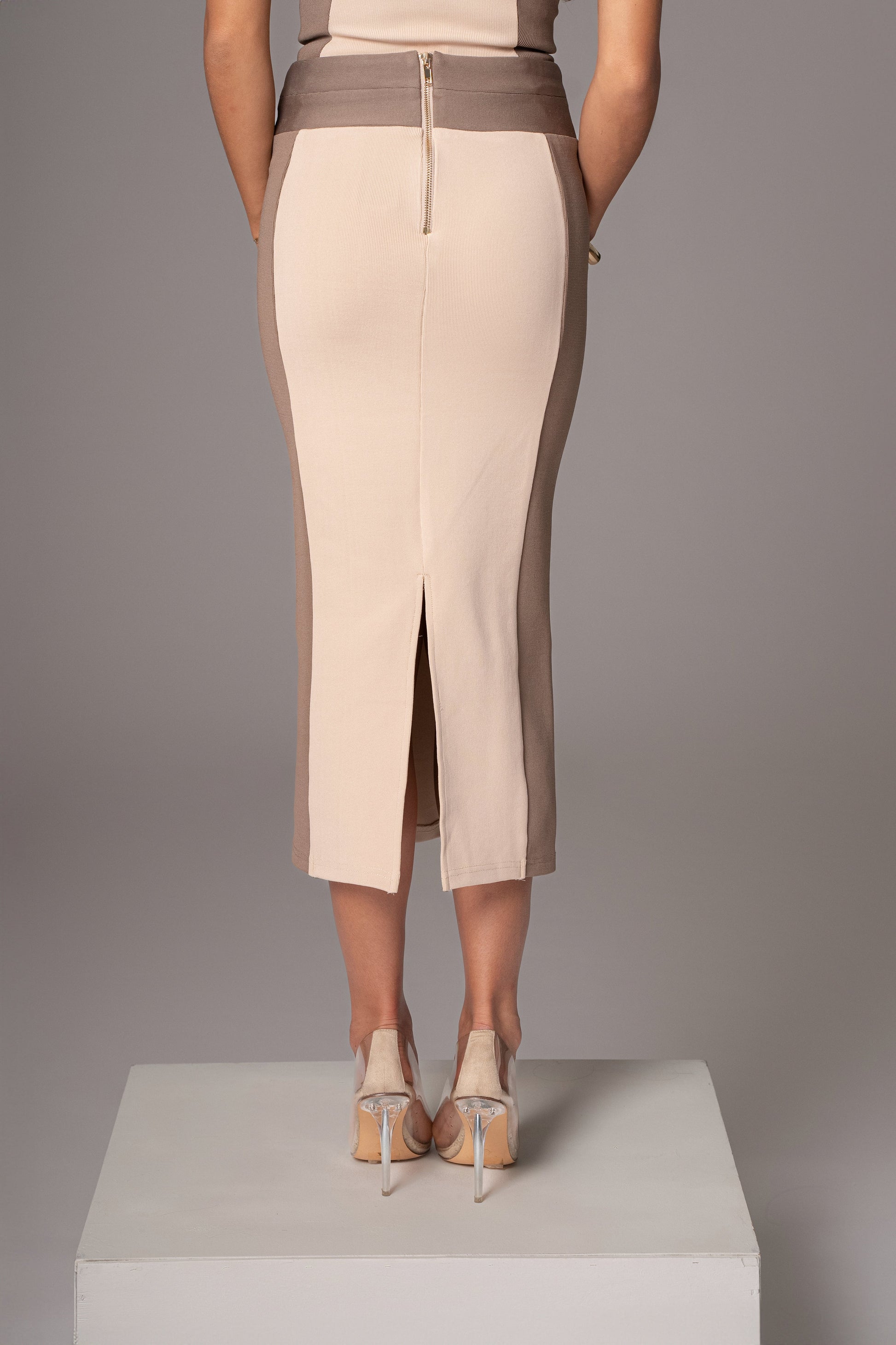Taupe/Tan Celebration Colorblock Midi Skirt JLUXLABEL