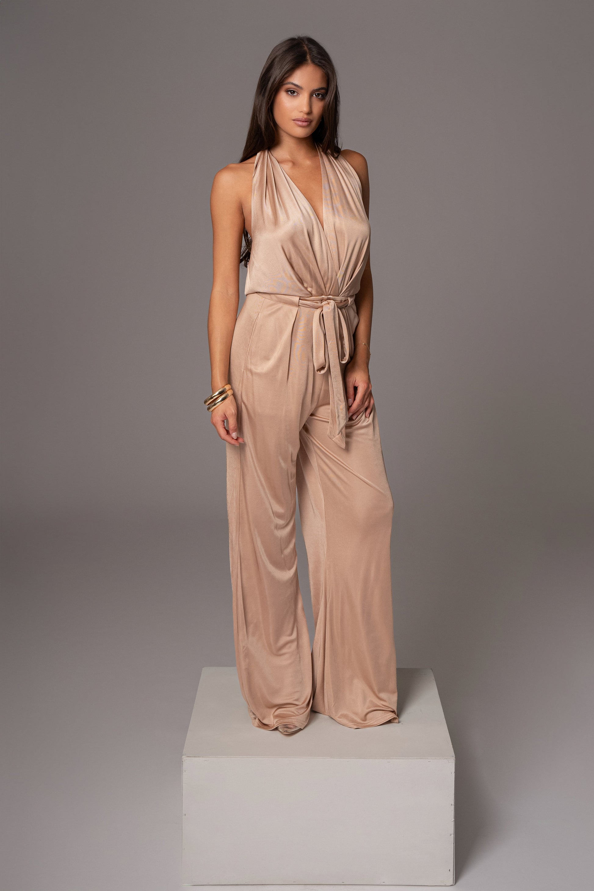 Beige Slinky Halter Belted Jumpsuit JLUXLABEL