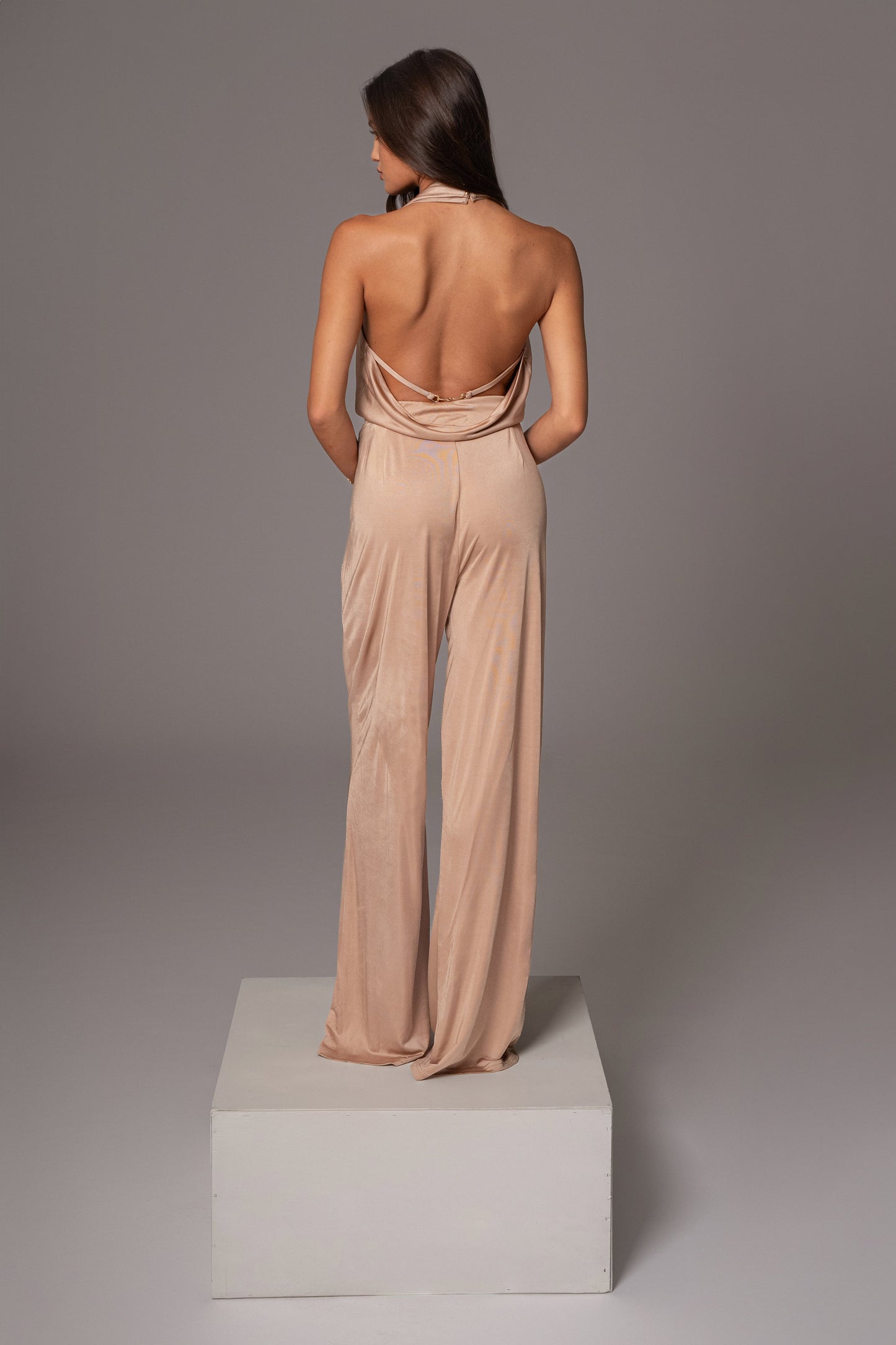 Beige Slinky Halter Belted Jumpsuit JLUXLABEL