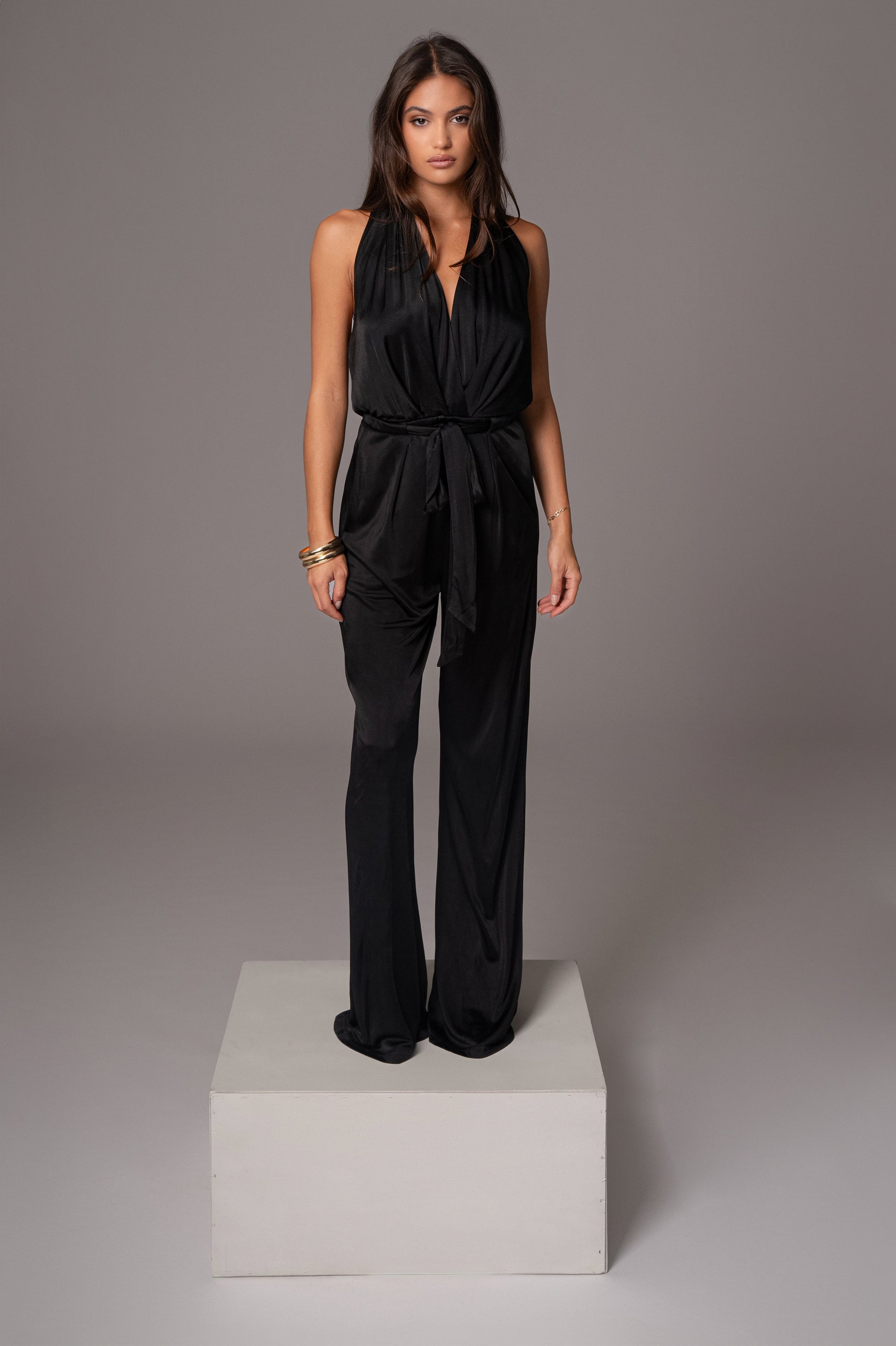 Black Slinky Halter Belted Jumpsuit JLUXLABEL