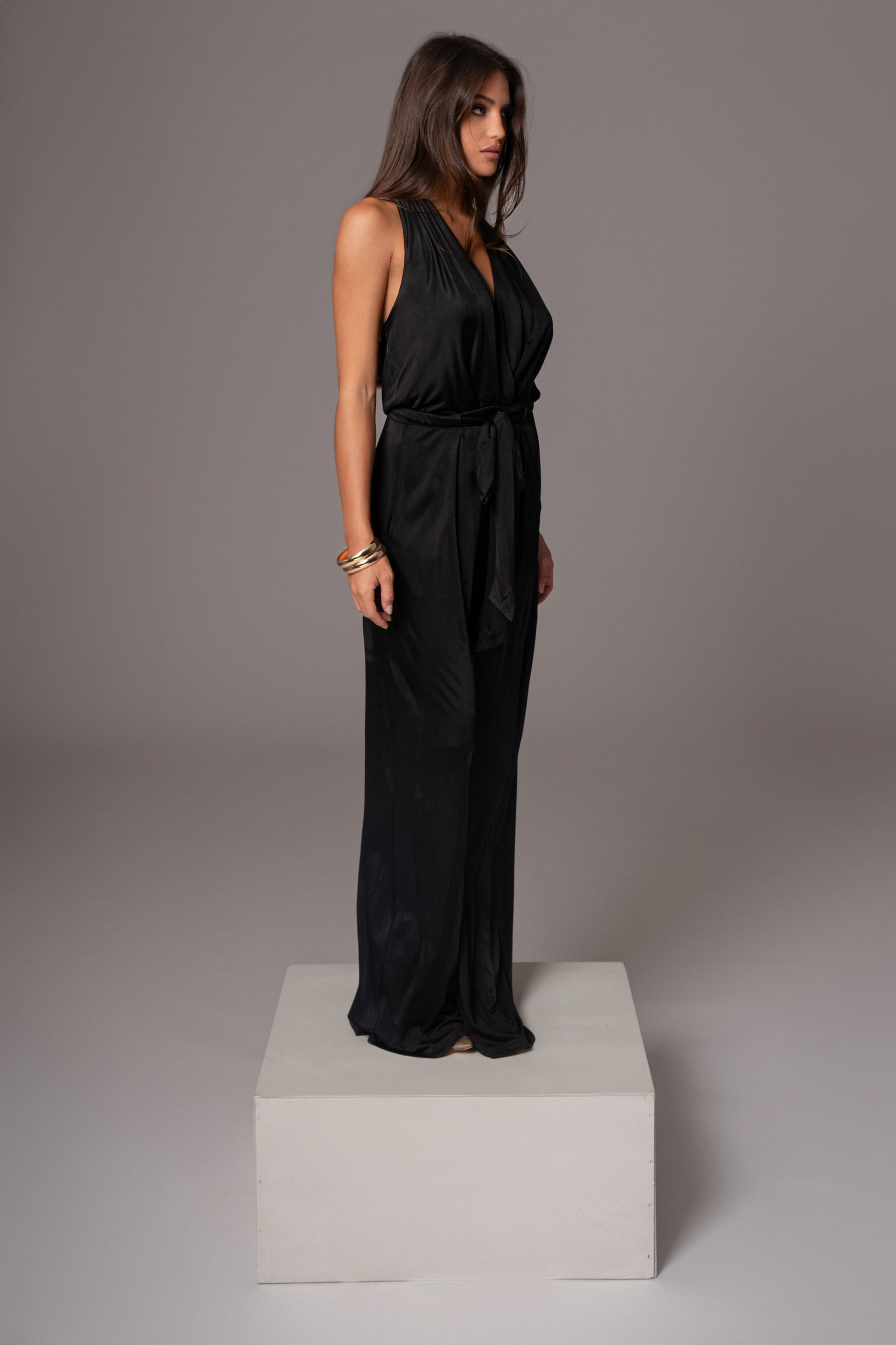 Black Slinky Halter Belted Jumpsuit JLUXLABEL