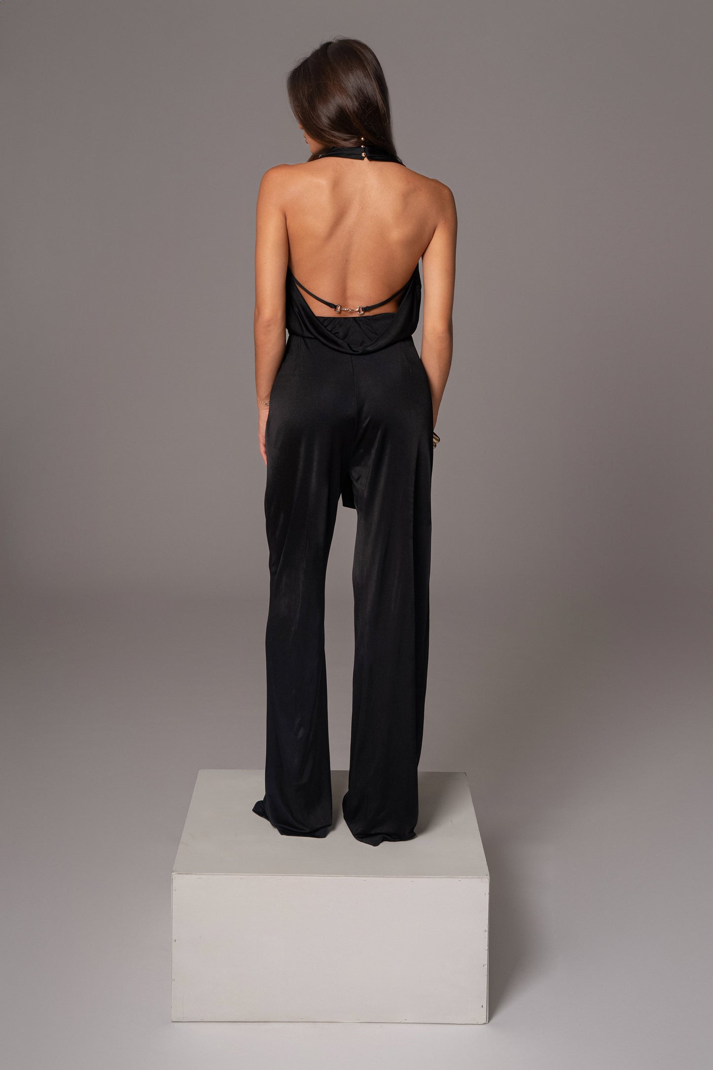 Black Slinky Halter Belted Jumpsuit JLUXLABEL