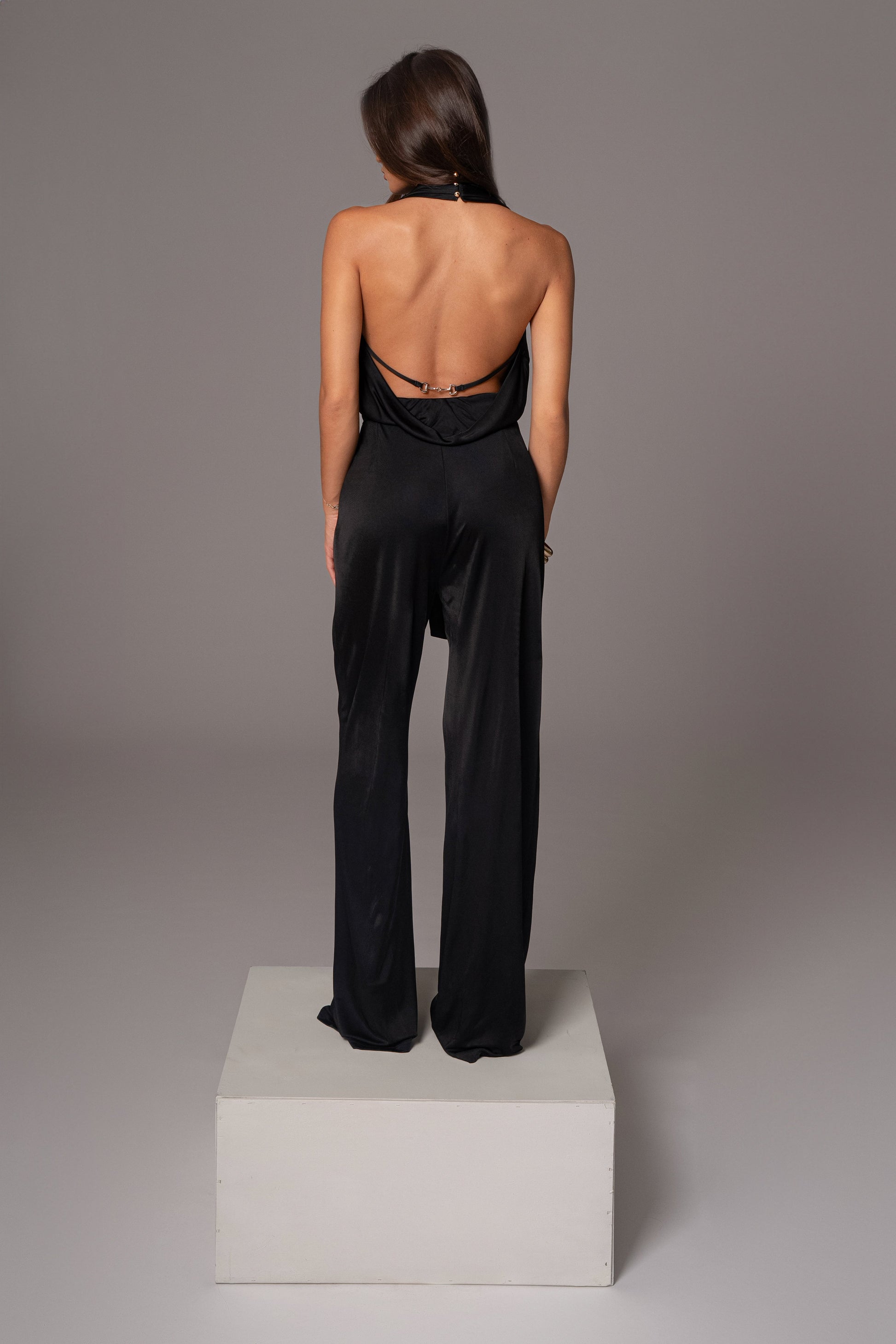 Black Slinky Halter Belted Jumpsuit JLUXLABEL