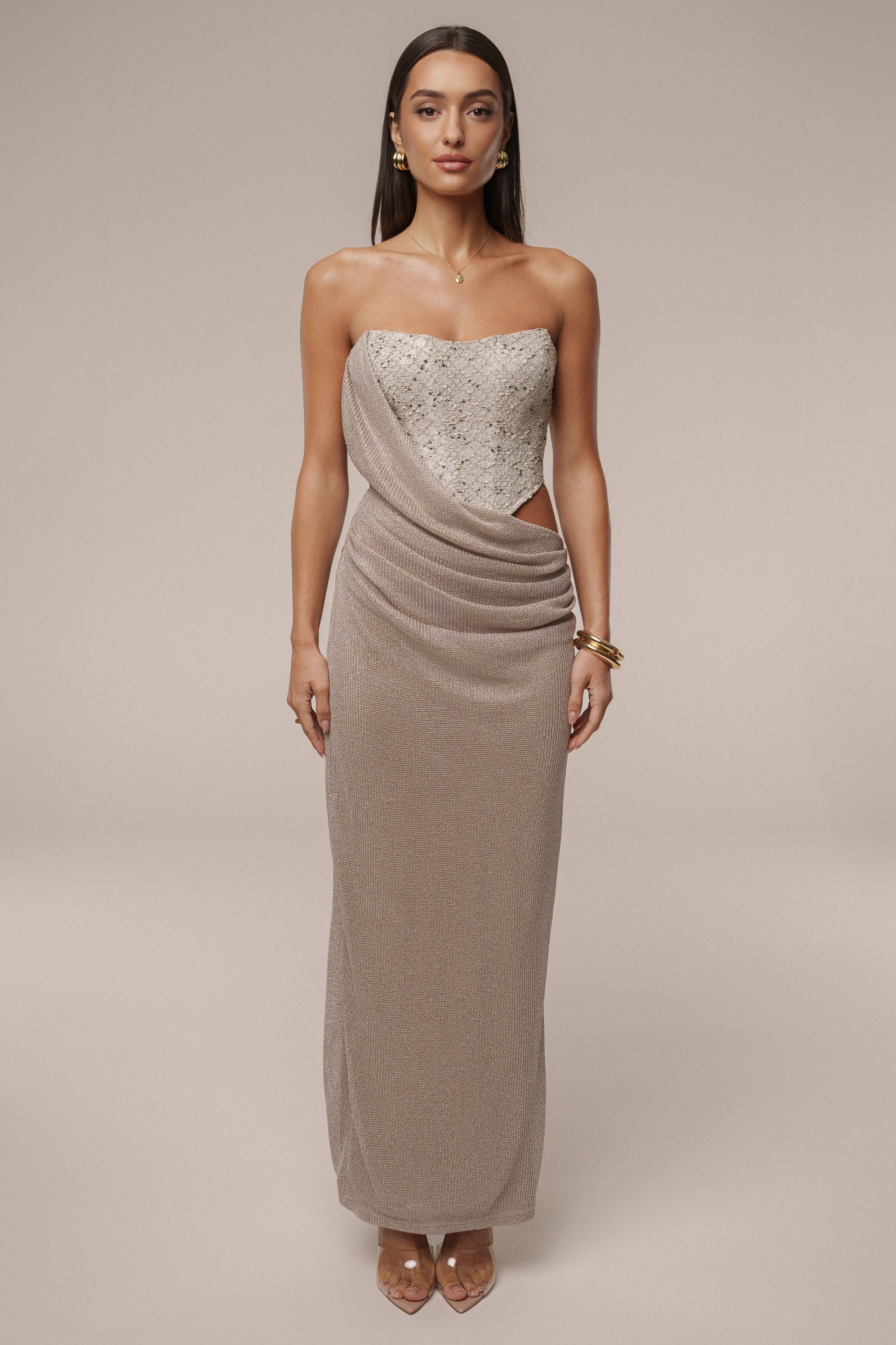 Beige Stellar Sequin Maxi Dress JLUXLABEL