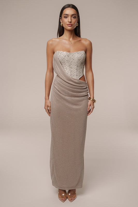 Beige Stellar Sequin Maxi Dress JLUXLABEL