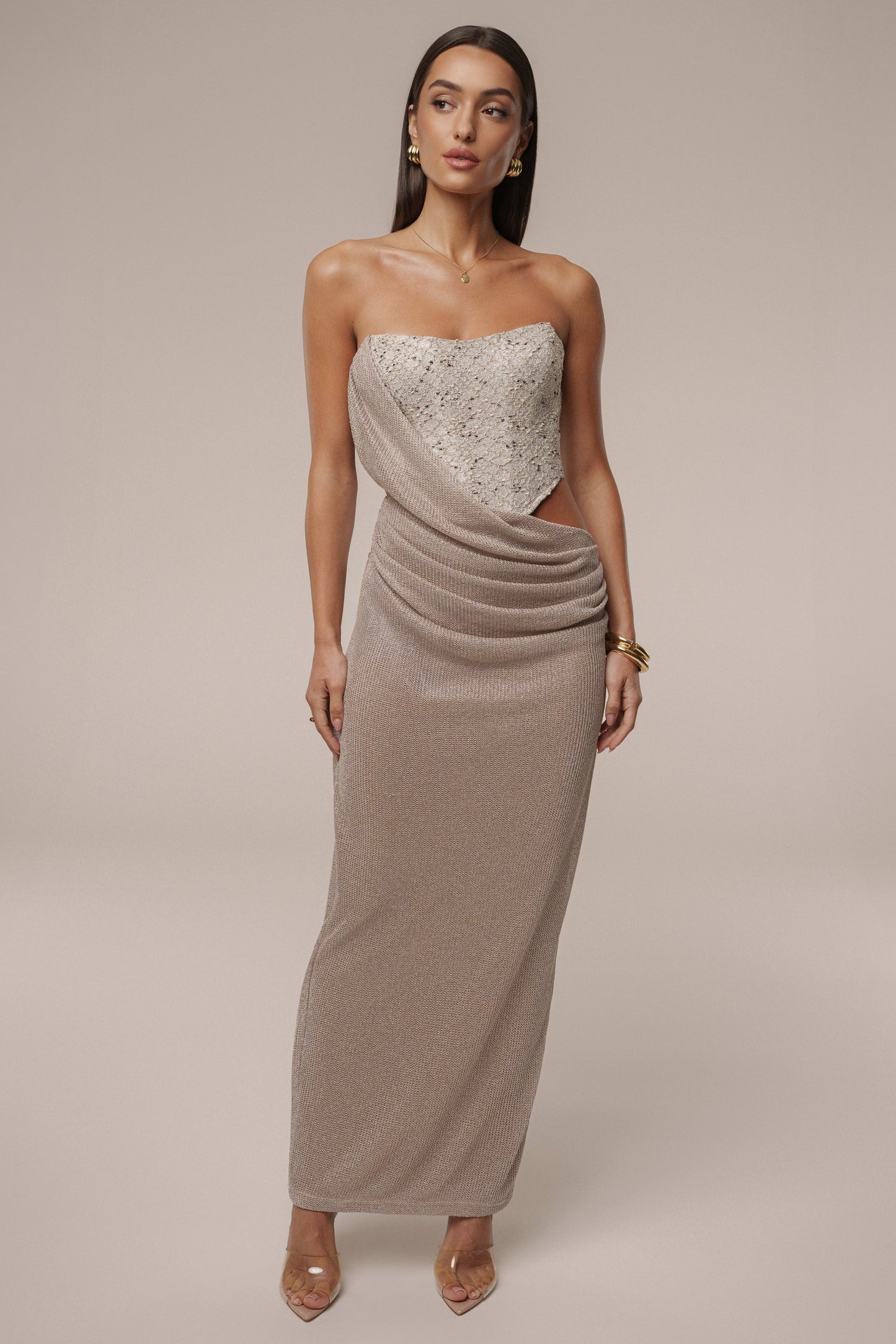 Beige Stellar Sequin Maxi Dress JLUXLABEL