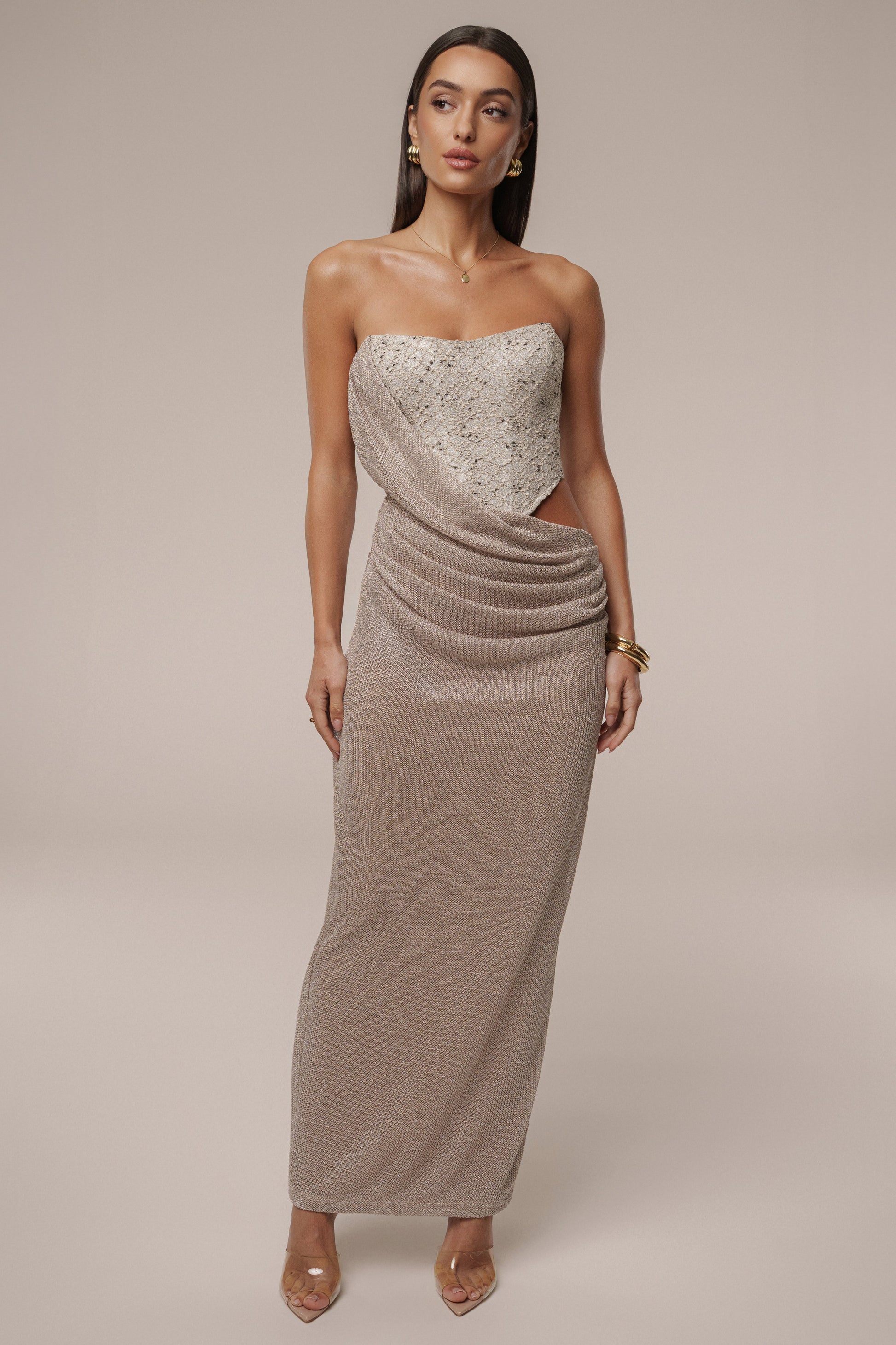 Beige Stellar Sequin Maxi Dress JLUXLABEL