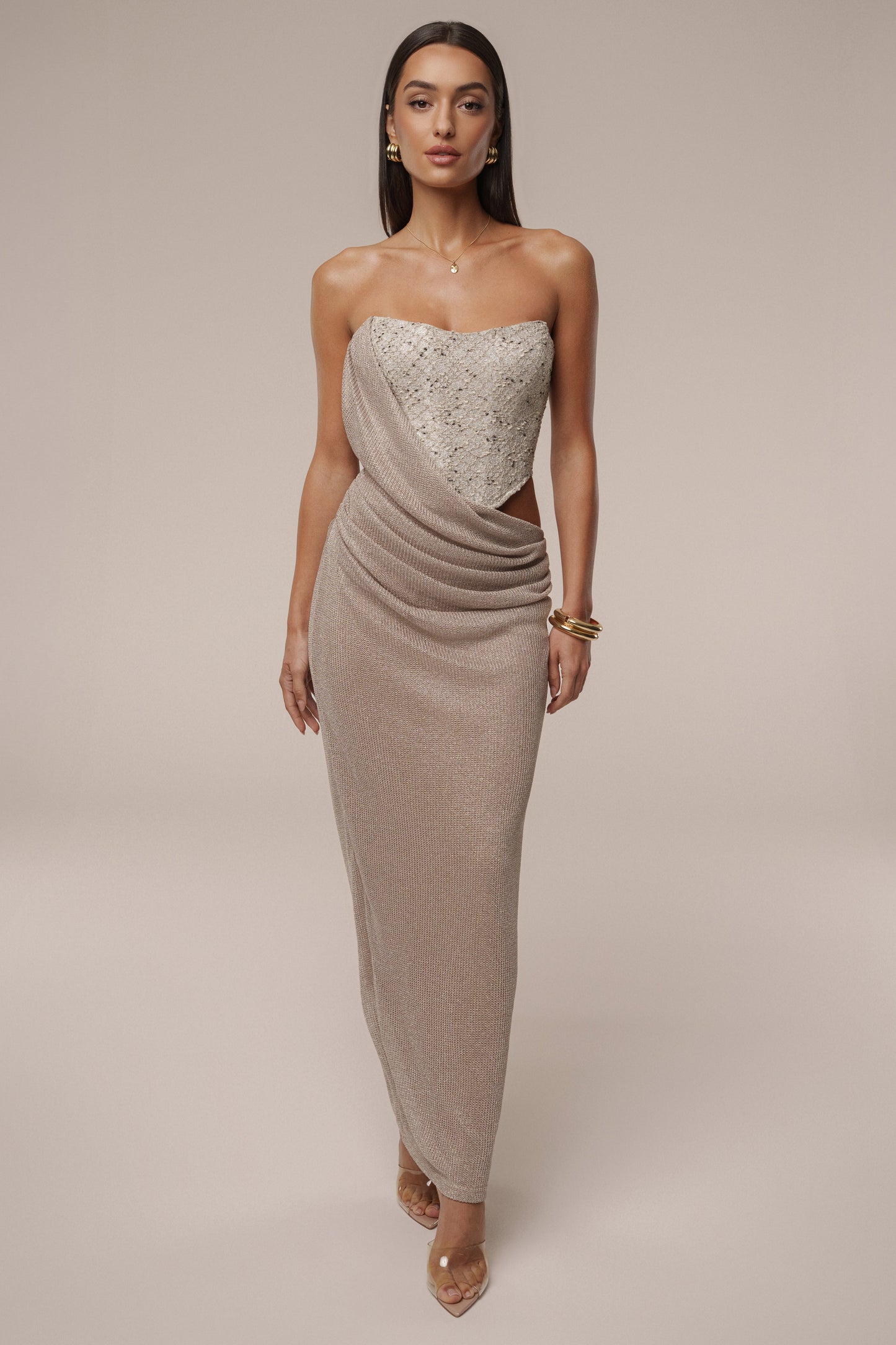 Beige Stellar Sequin Maxi Dress JLUXLABEL