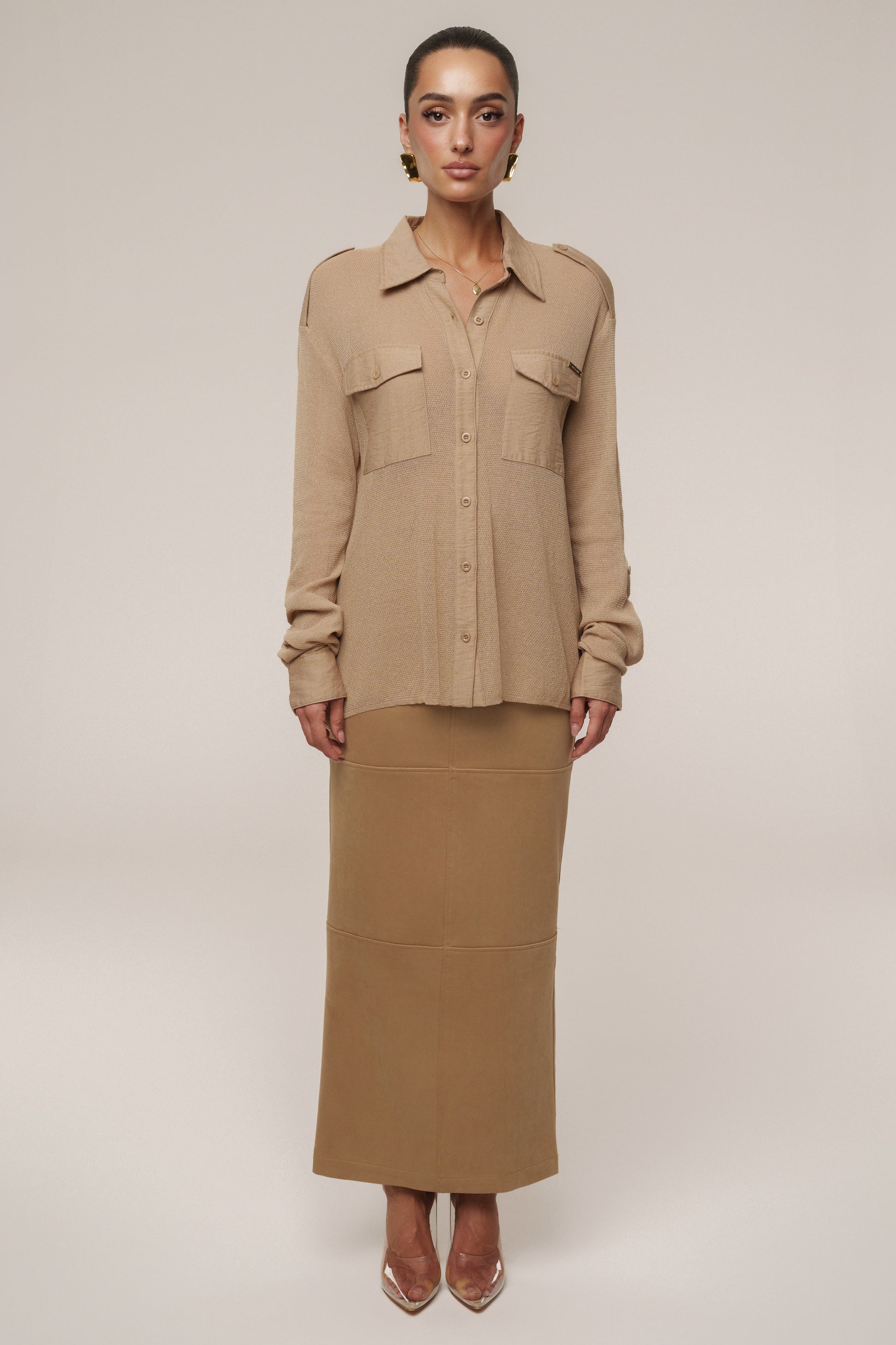 Beige Sway Sheer Button Up Top JLUXLABEL