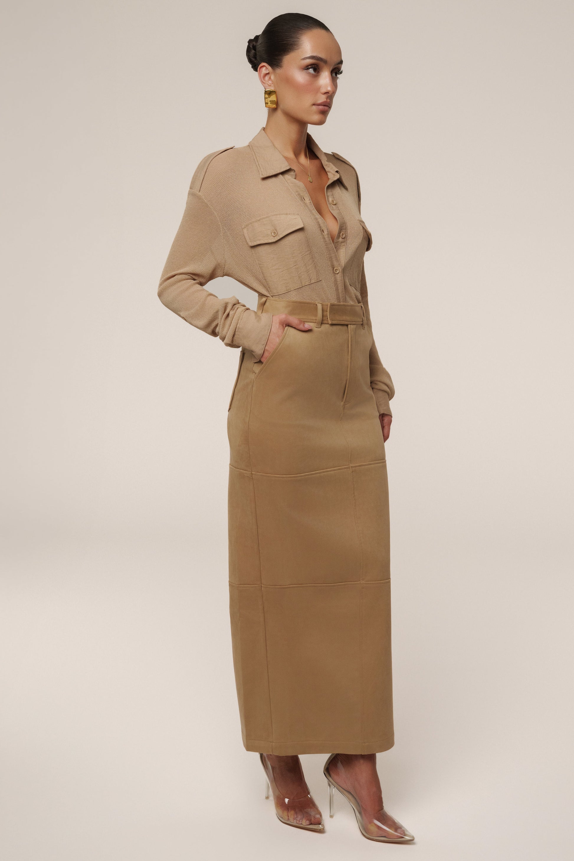 Beige Joy Suede Maxi Skirt JLUXLABEL