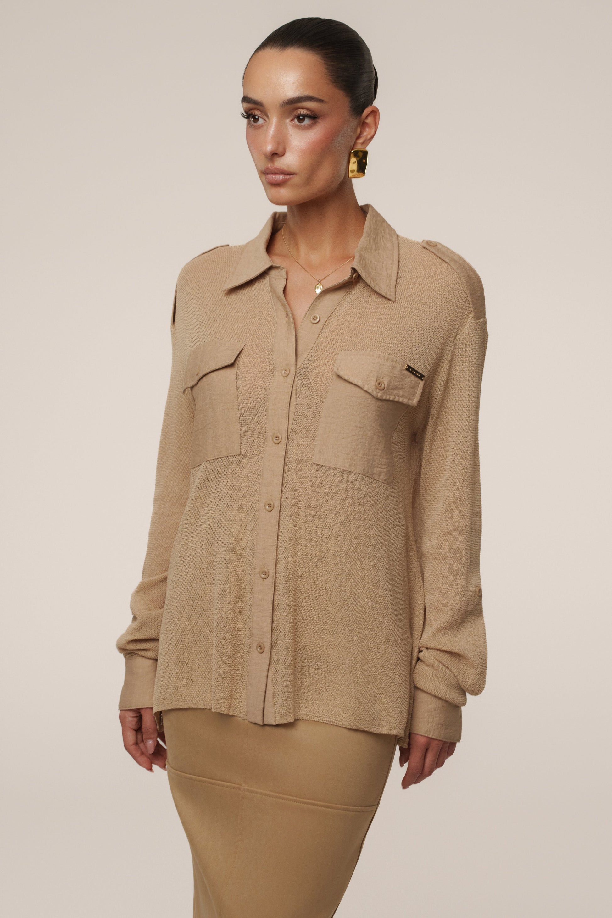Beige Sway Sheer Button Up Top JLUXLABEL