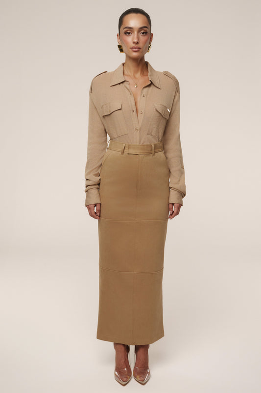 Beige Joy Suede Maxi Skirt JLUXLABEL