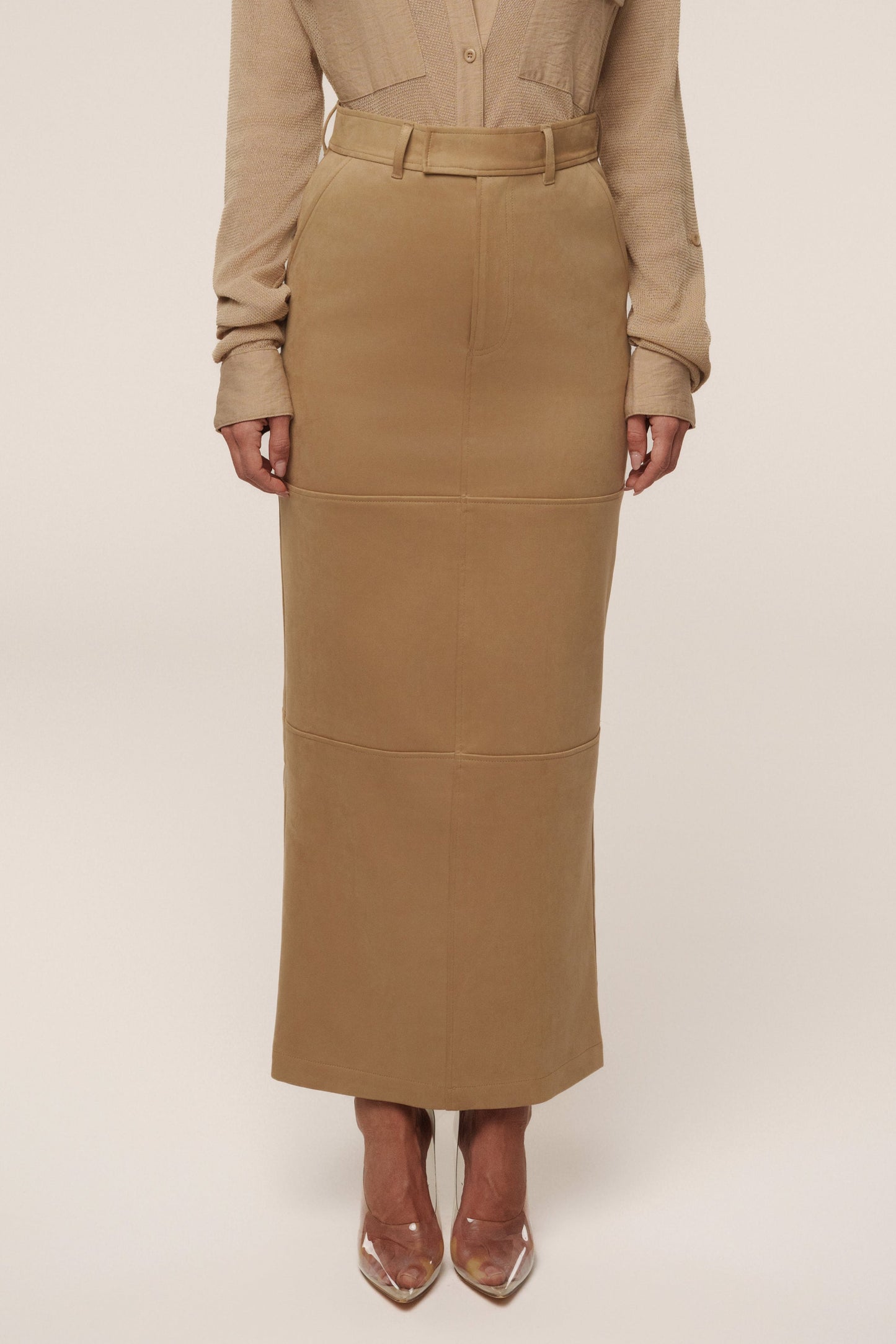 Beige Joy Suede Maxi Skirt JLUXLABEL