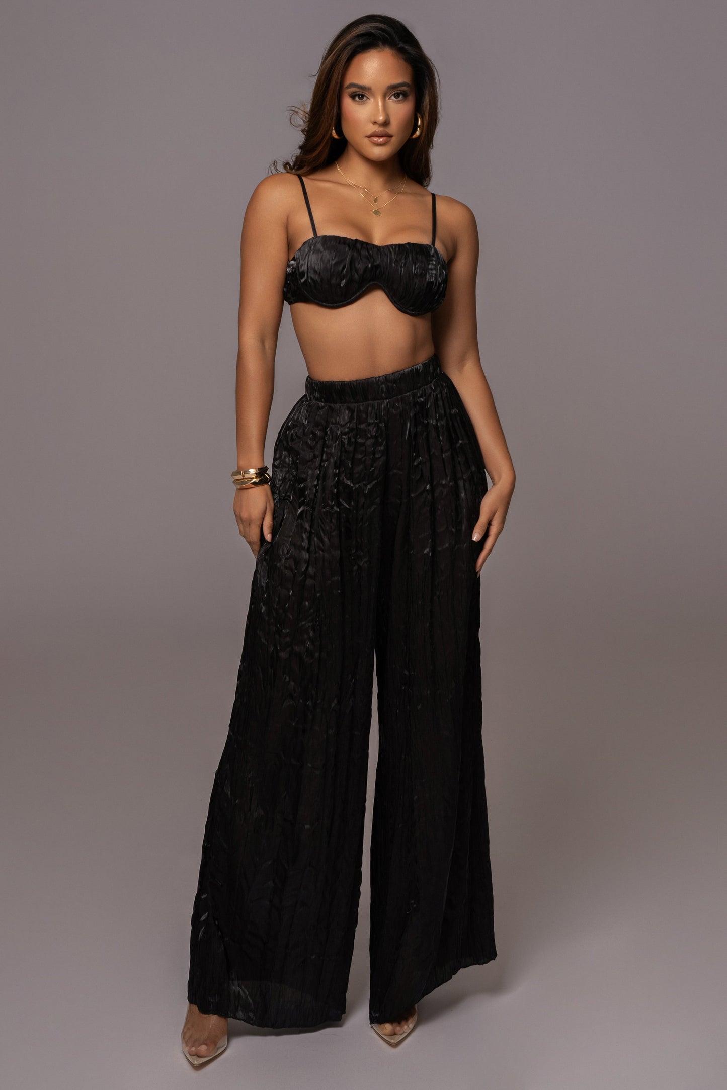 Black Let's Get Away Satin Pant Set JLUXLABEL