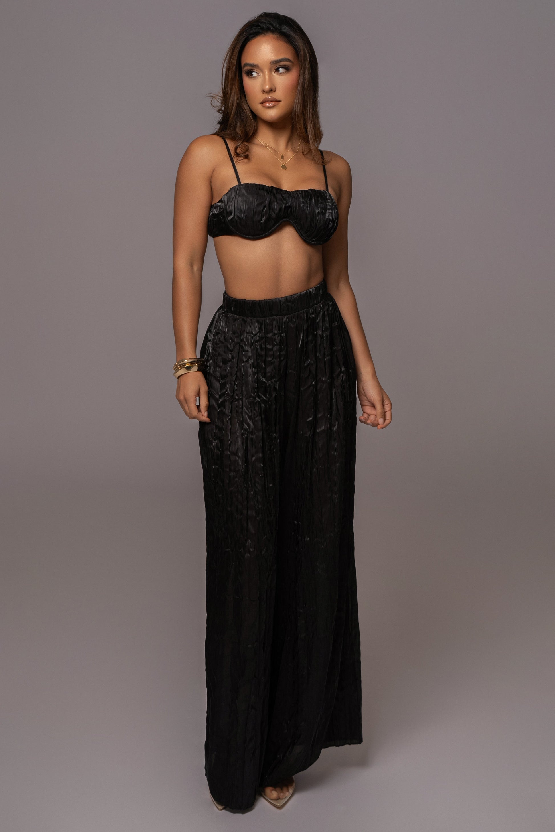 Black Let's Get Away Satin Pant Set JLUXLABEL
