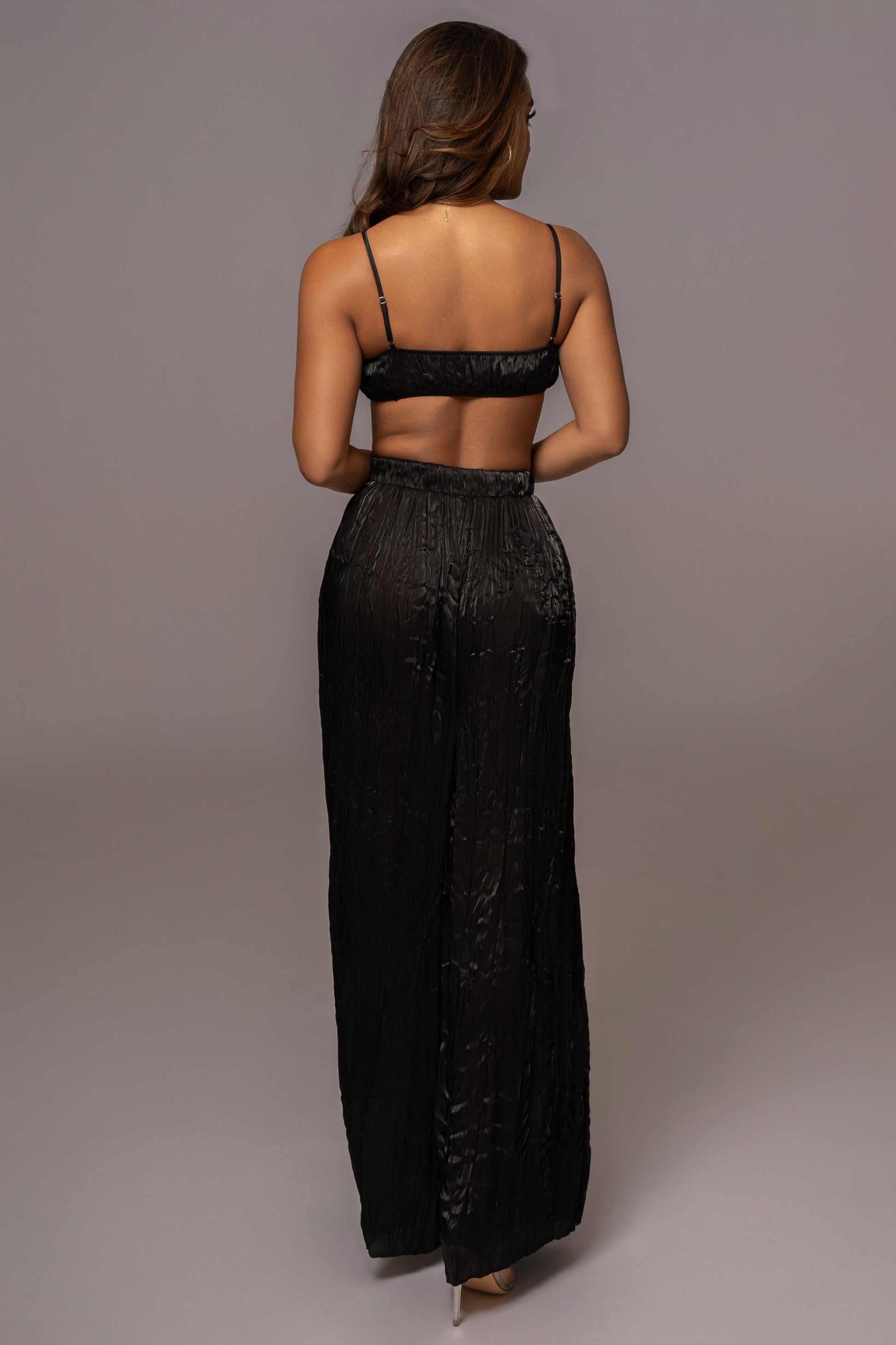 Black Let's Get Away Satin Pant Set JLUXLABEL