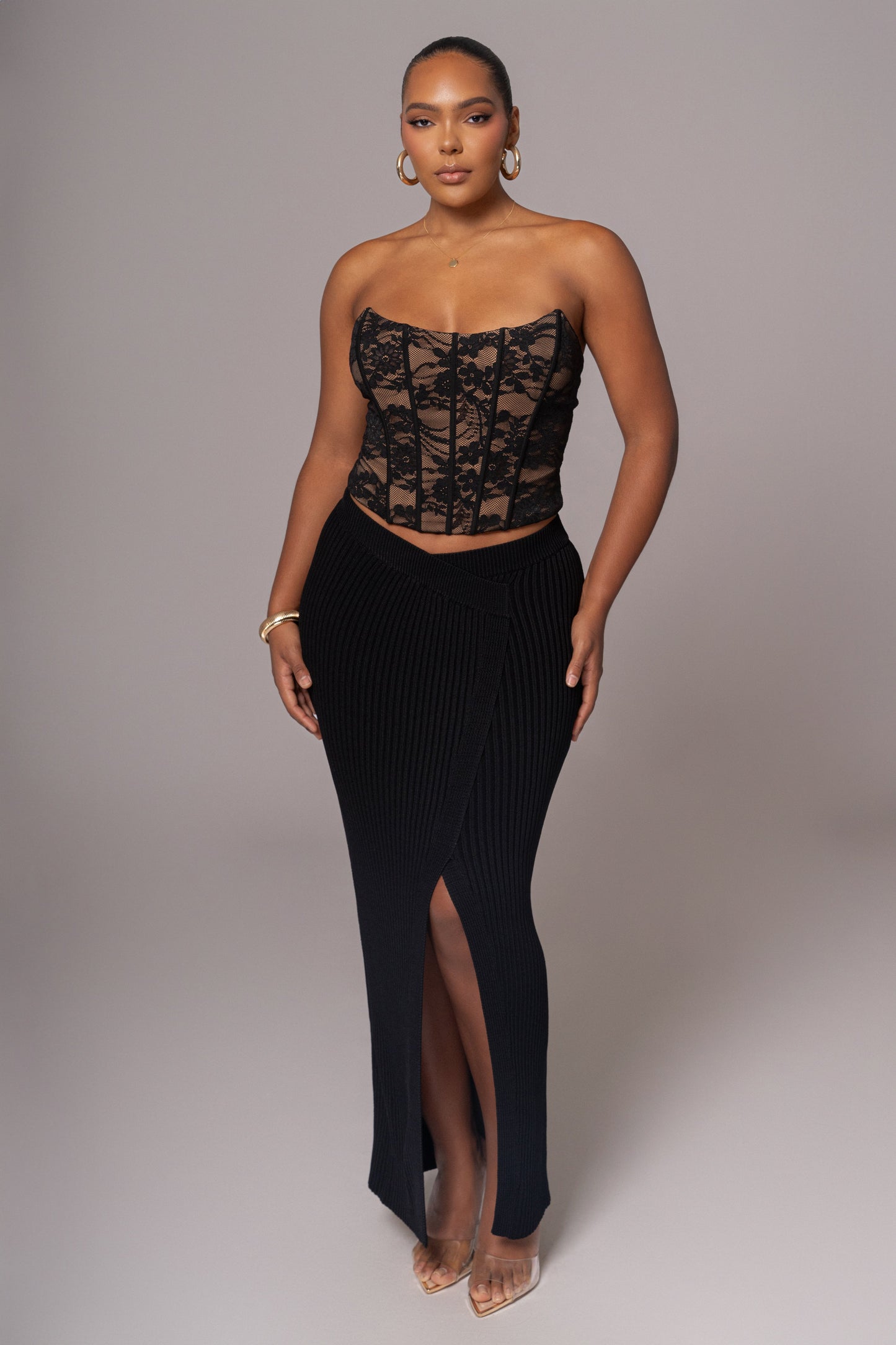 Black Hamptons Ribbed Slit Skirt JLUXLABEL