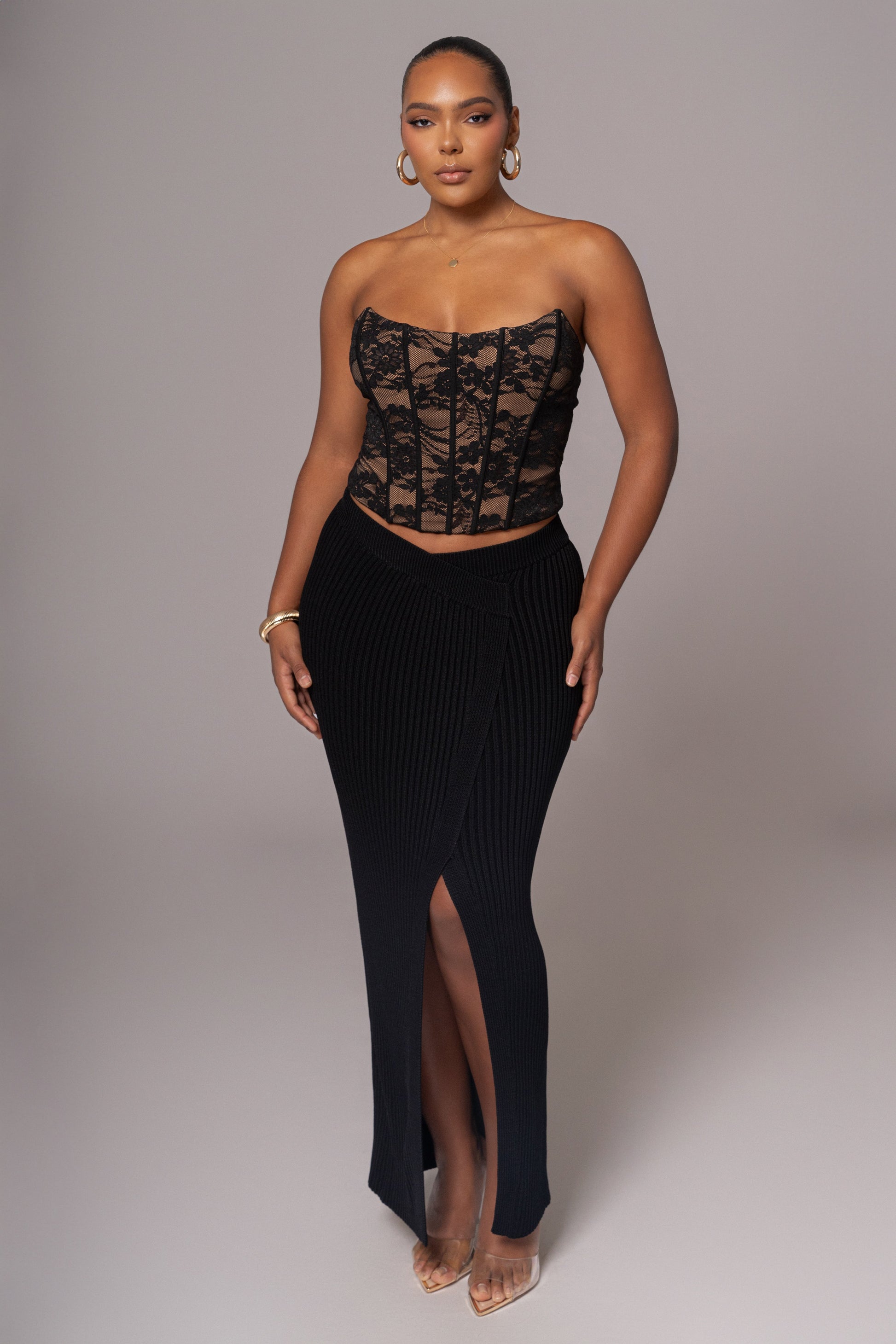 Black Hamptons Ribbed Slit Skirt JLUXLABEL