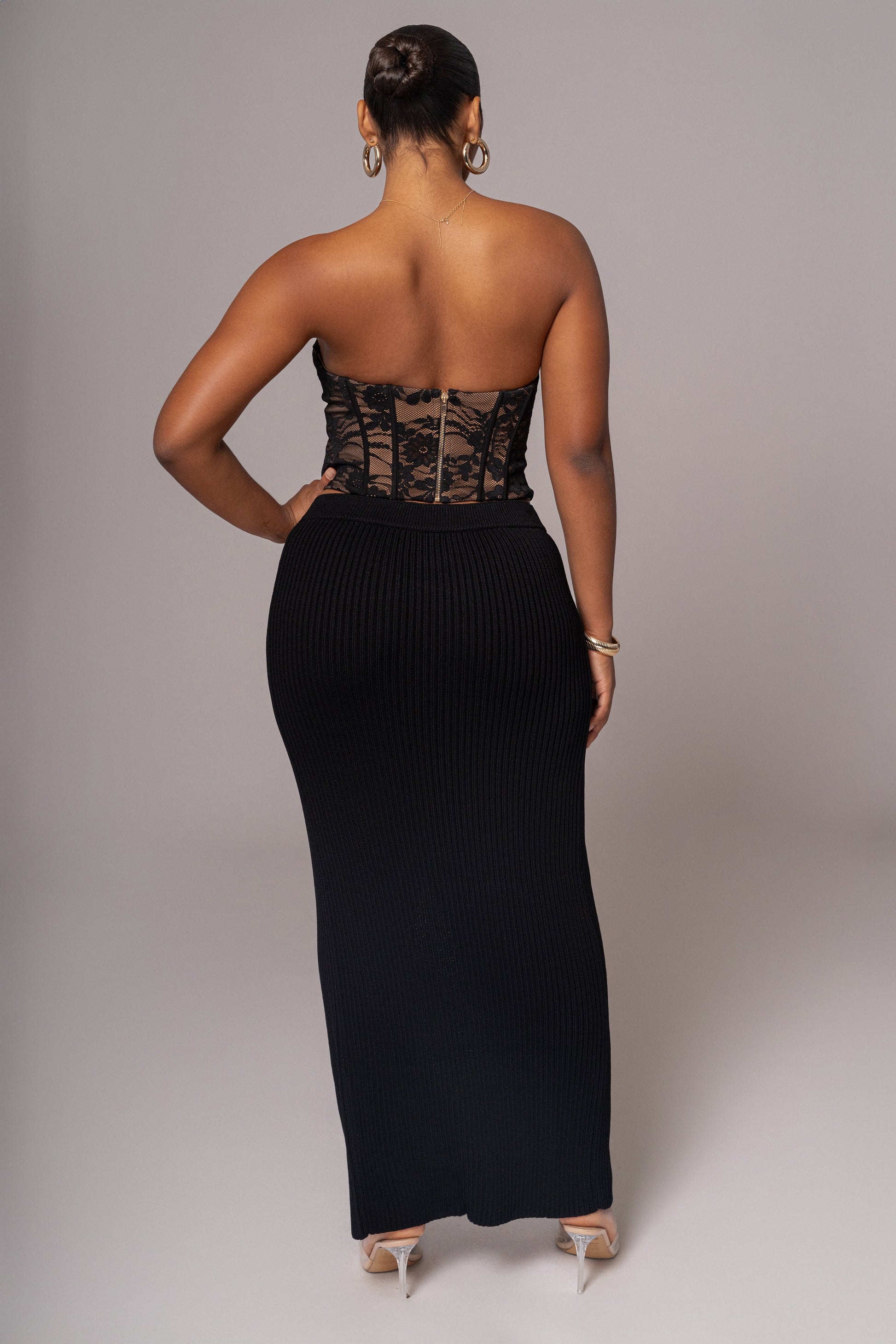 Black Hamptons Ribbed Slit Skirt JLUXLABEL