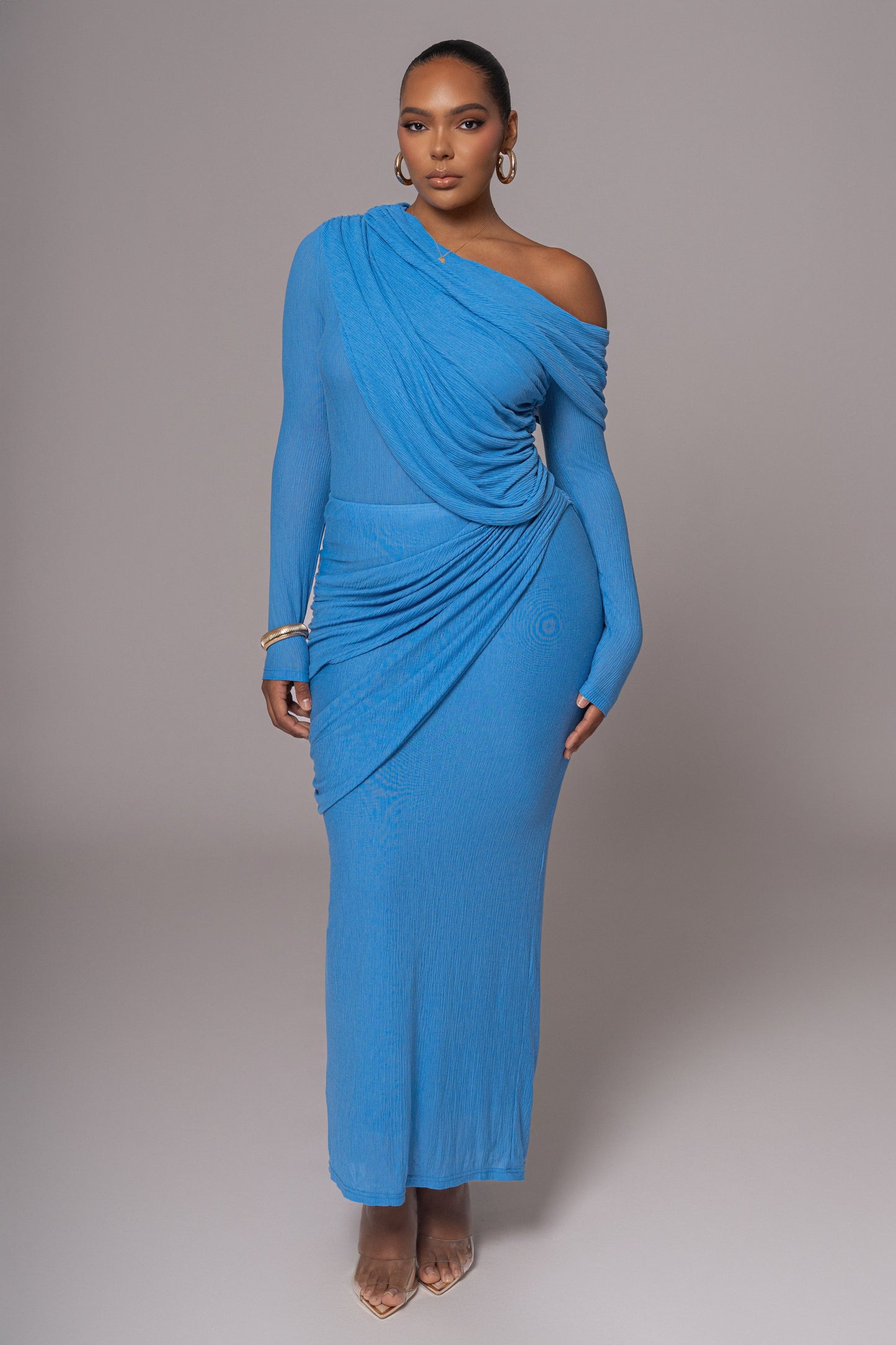 Blue Textured One Shoulder Bodysuit JLUXLABEL