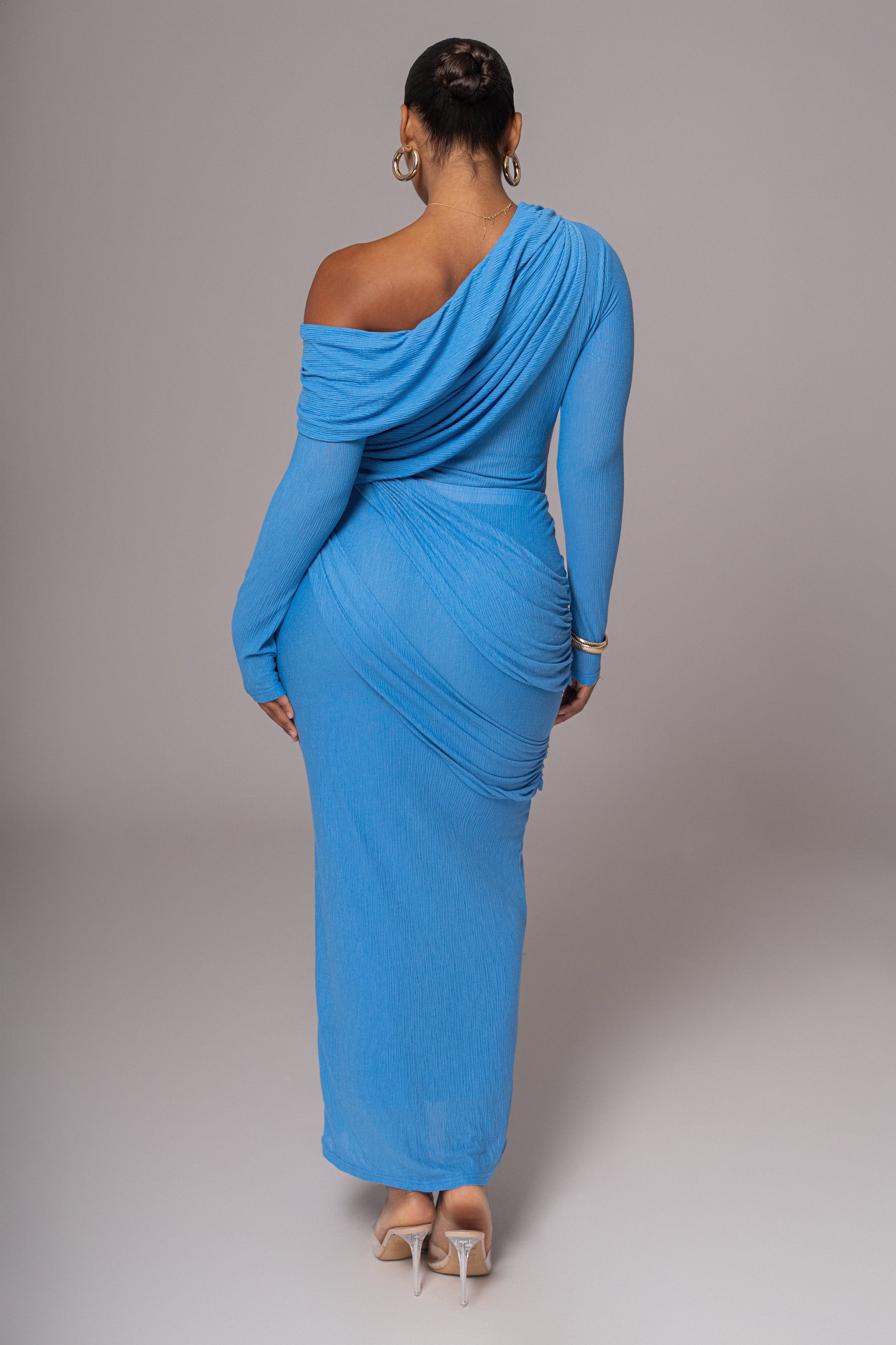 Blue Textured One Shoulder Bodysuit JLUXLABEL