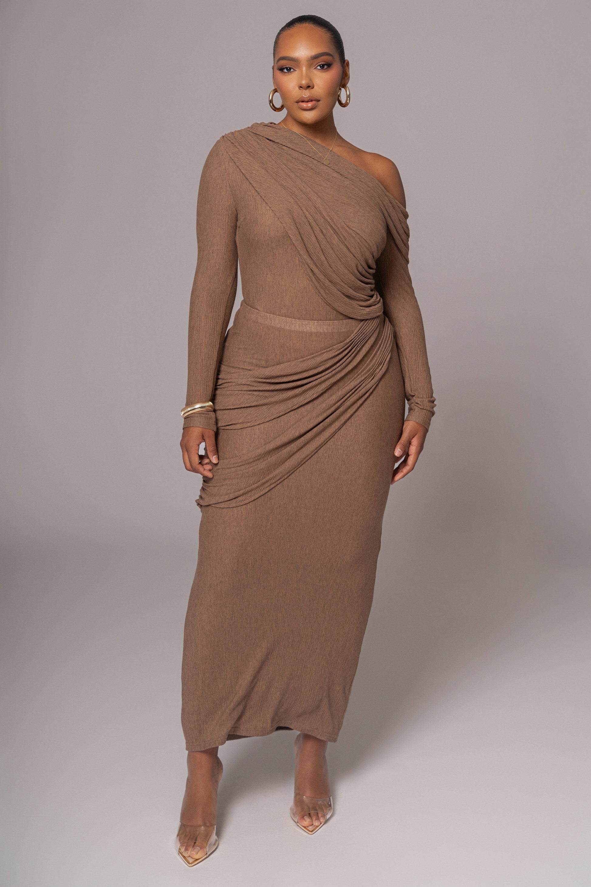 Chocolate Textured One Shoulder Bodysuit JLUXLABEL