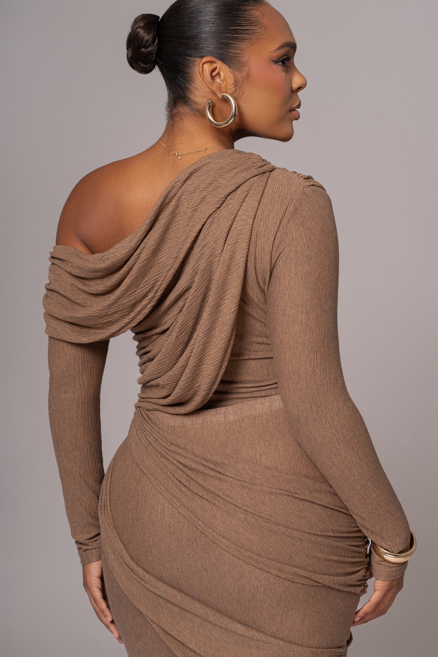 Chocolate Textured One Shoulder Bodysuit JLUXLABEL