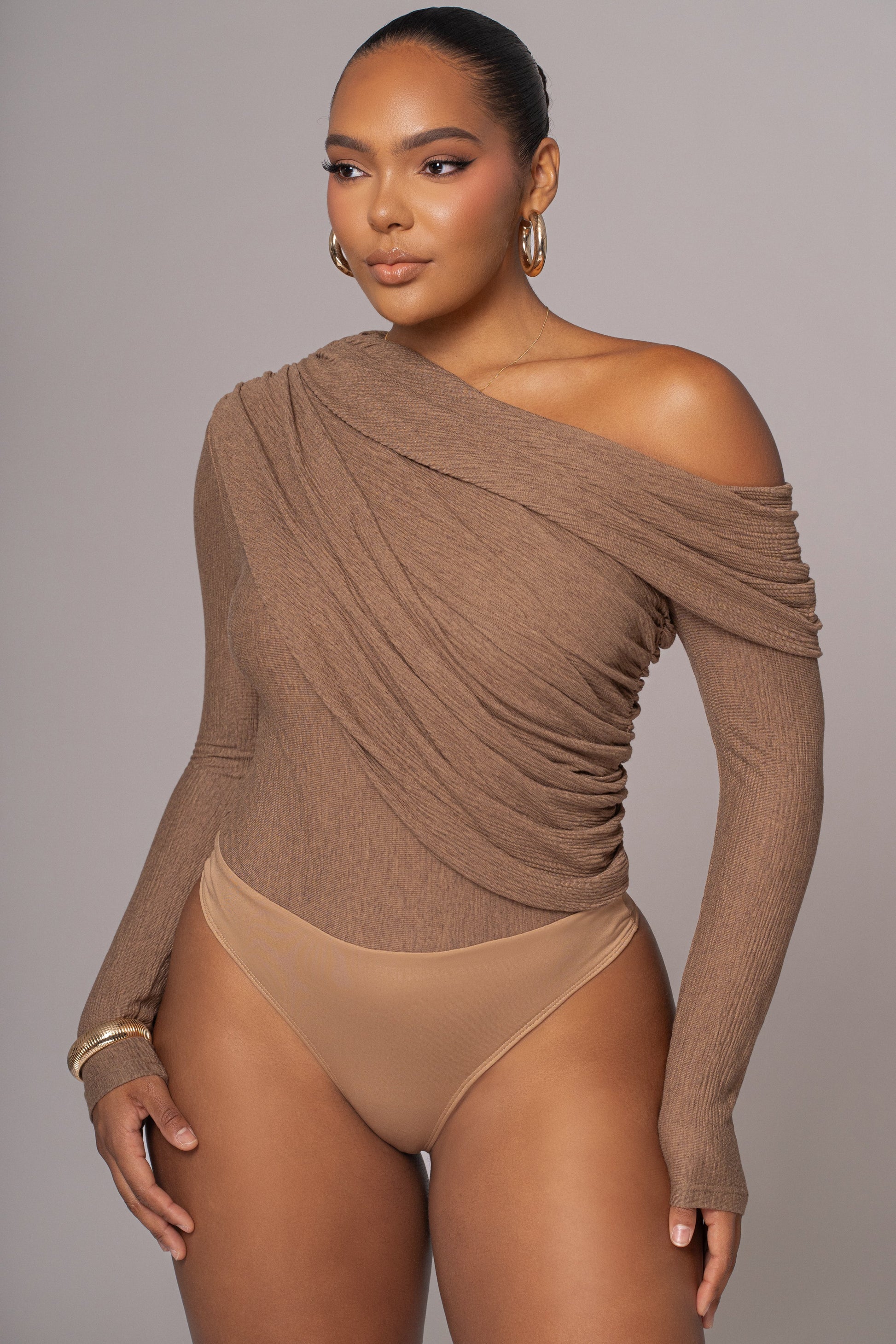 Chocolate Textured One Shoulder Bodysuit JLUXLABEL