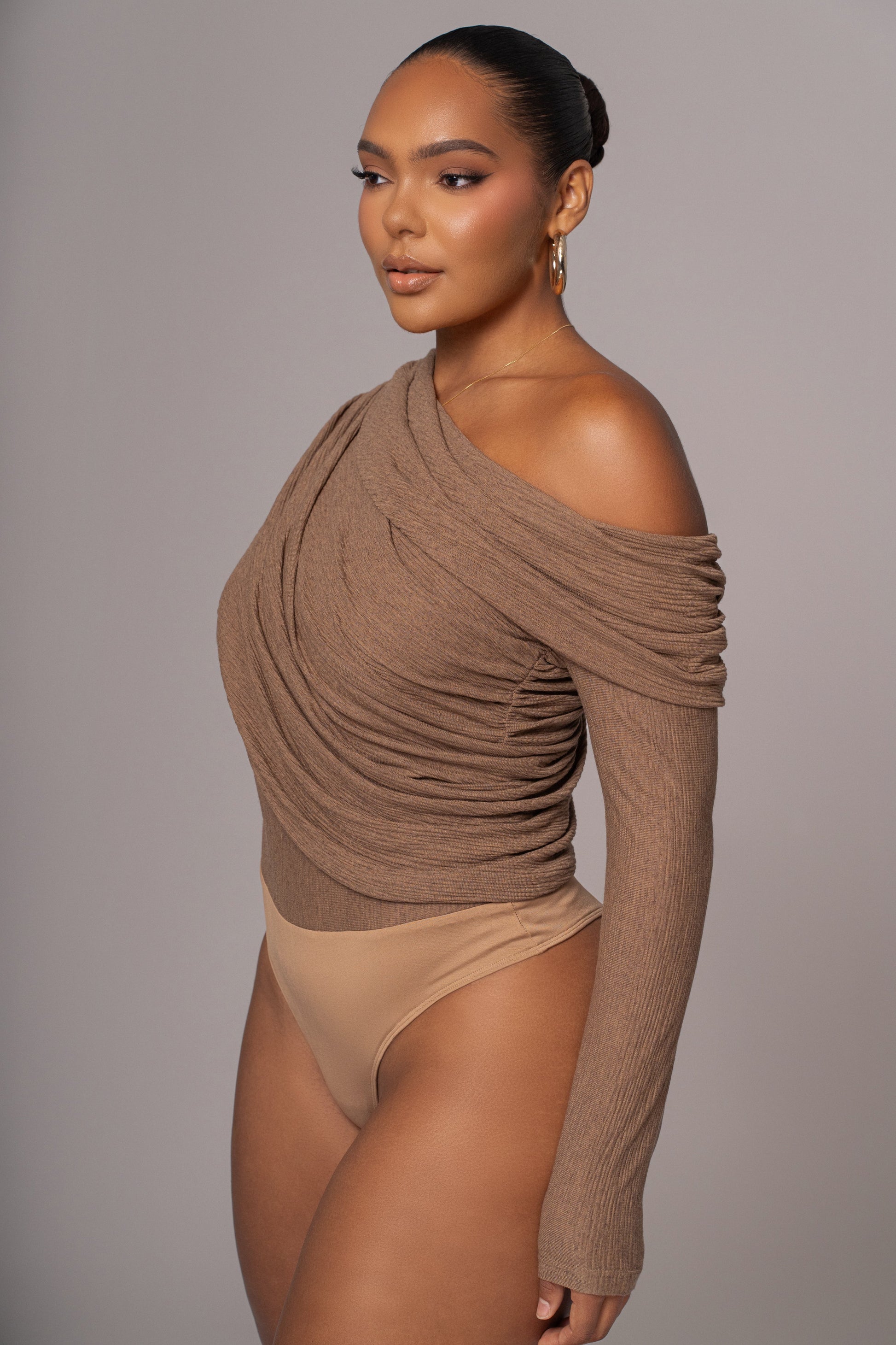 Chocolate Textured One Shoulder Bodysuit JLUXLABEL