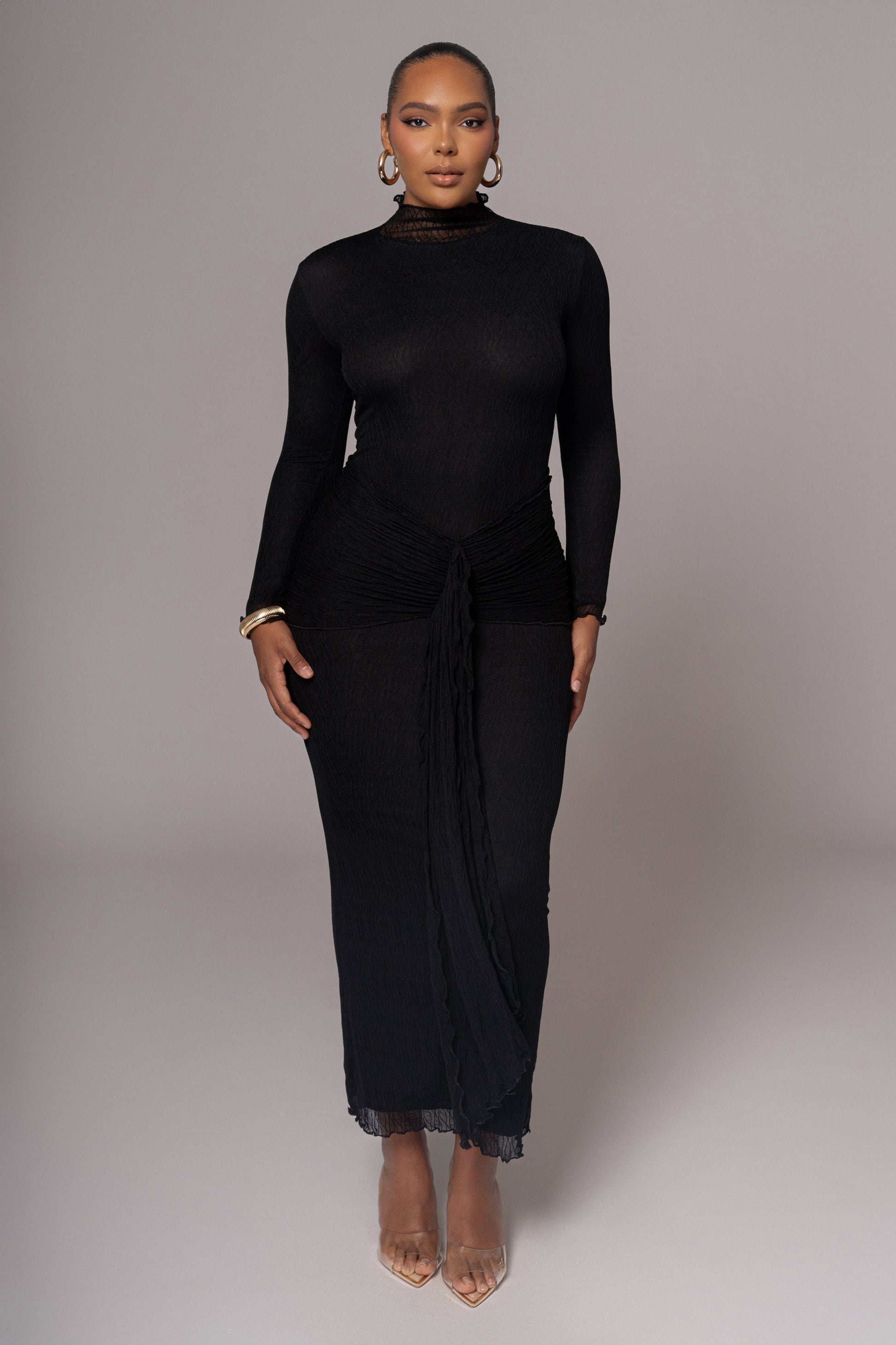 Black Drape Mock Neck Dress JLUXLABEL
