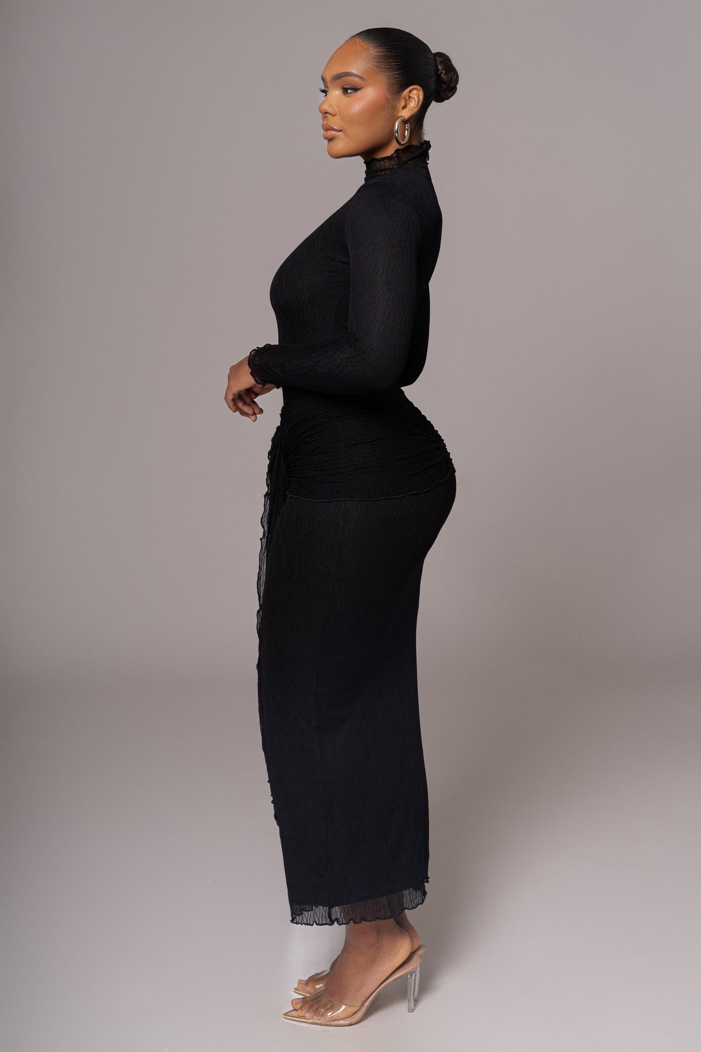 Black Drape Mock Neck Dress JLUXLABEL