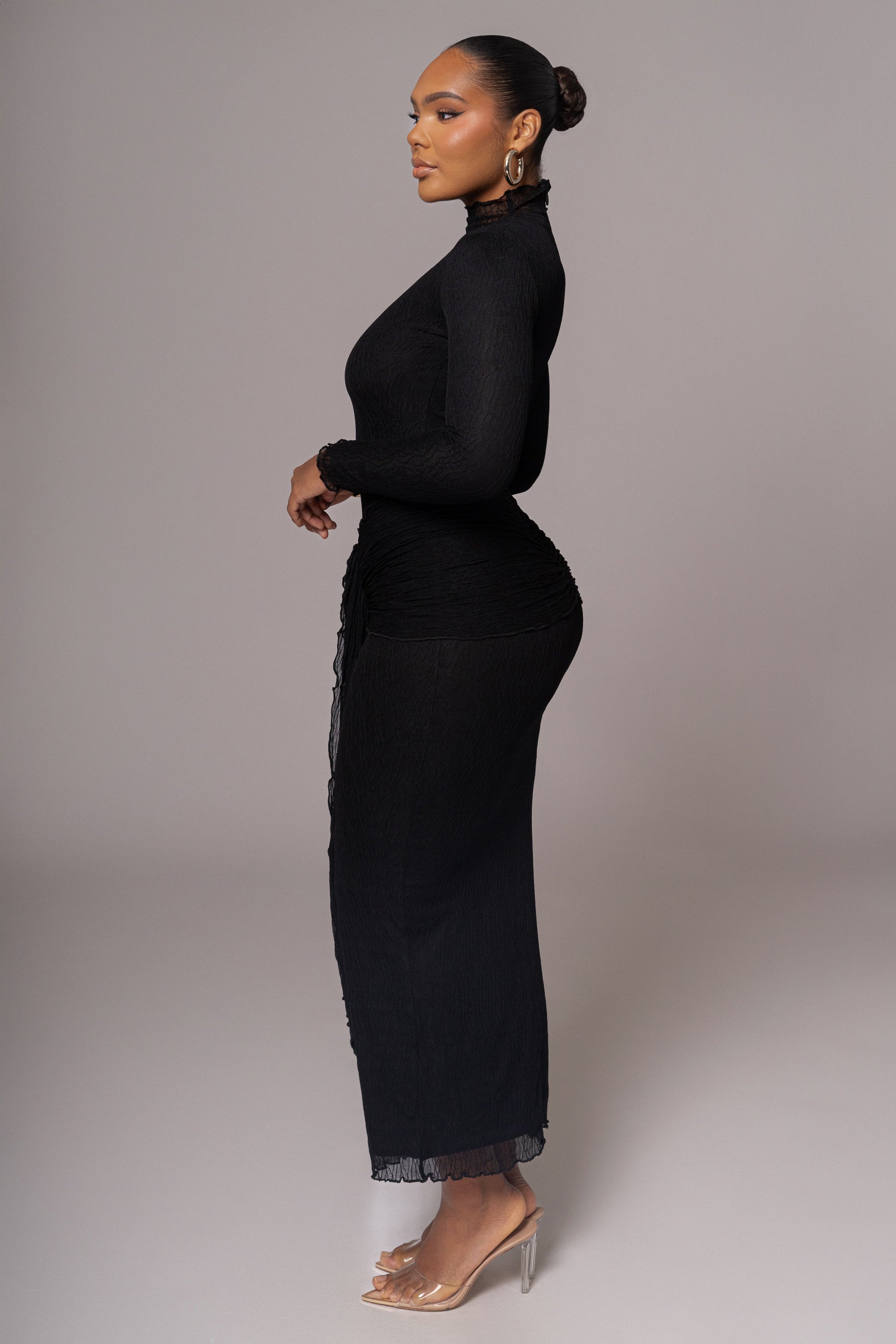 Black Drape Mock Neck Dress JLUXLABEL